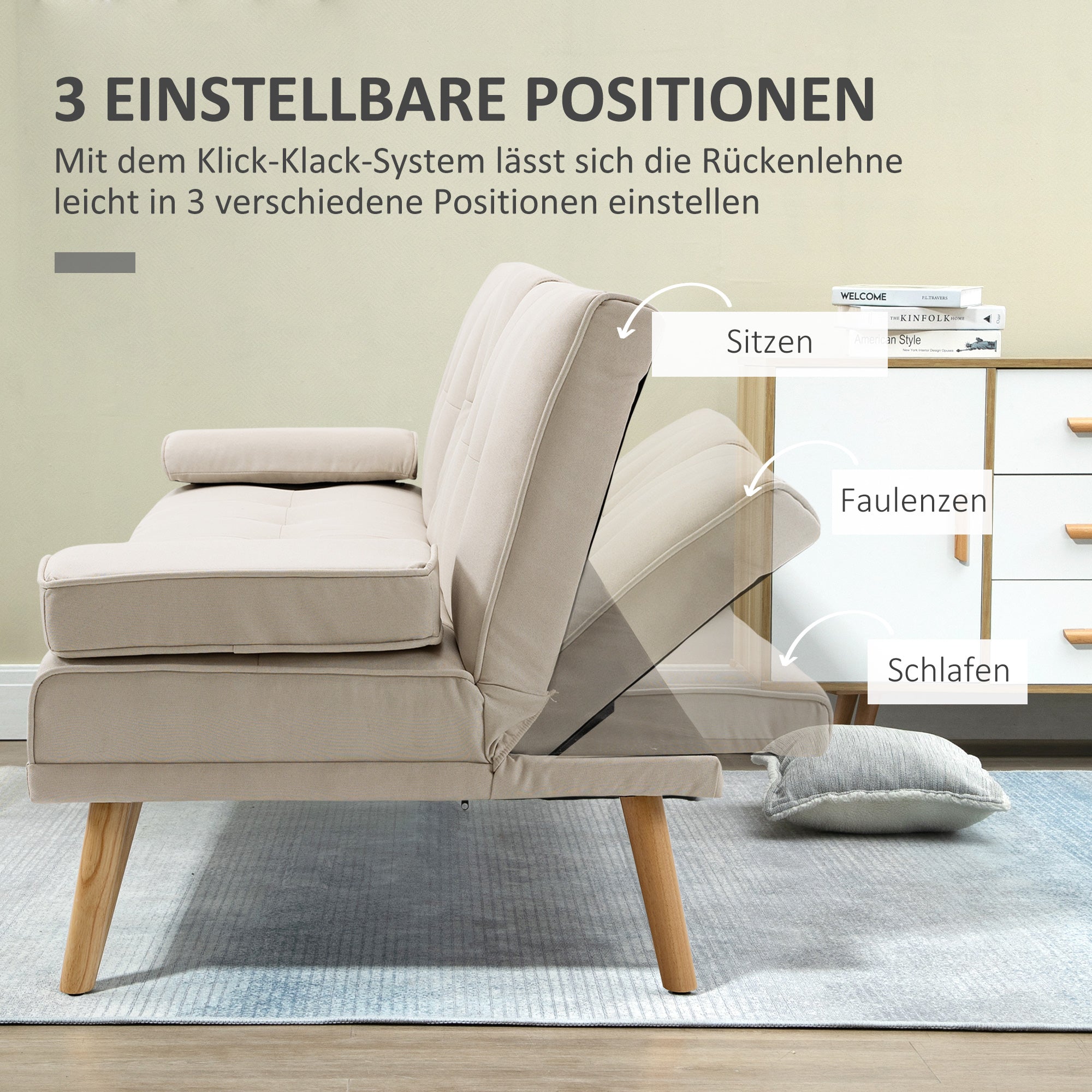 HOMCOM Schlafsofa 3-Sitzer, neigbare Rückenlehne mit Klapptisch, zwei Armpolster, Leinenoptik, beige, 181 x 77 x 78 cm