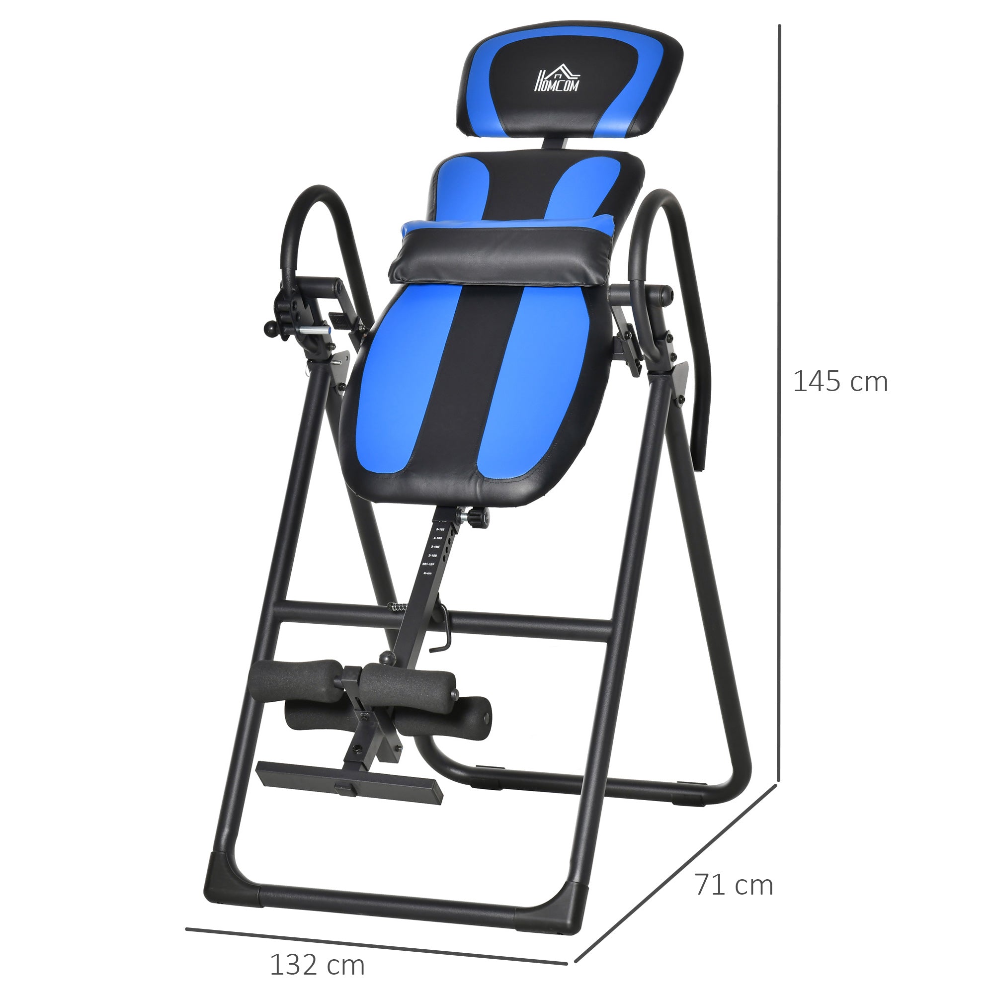 HOMCOM Inversionsbank klappbarer Schwerkrafttrainer mit zwei beweglichen Rädern eingestellt Rückenpolster Metall ABS Schwarz+Blau 132 x 71 x 145 cm