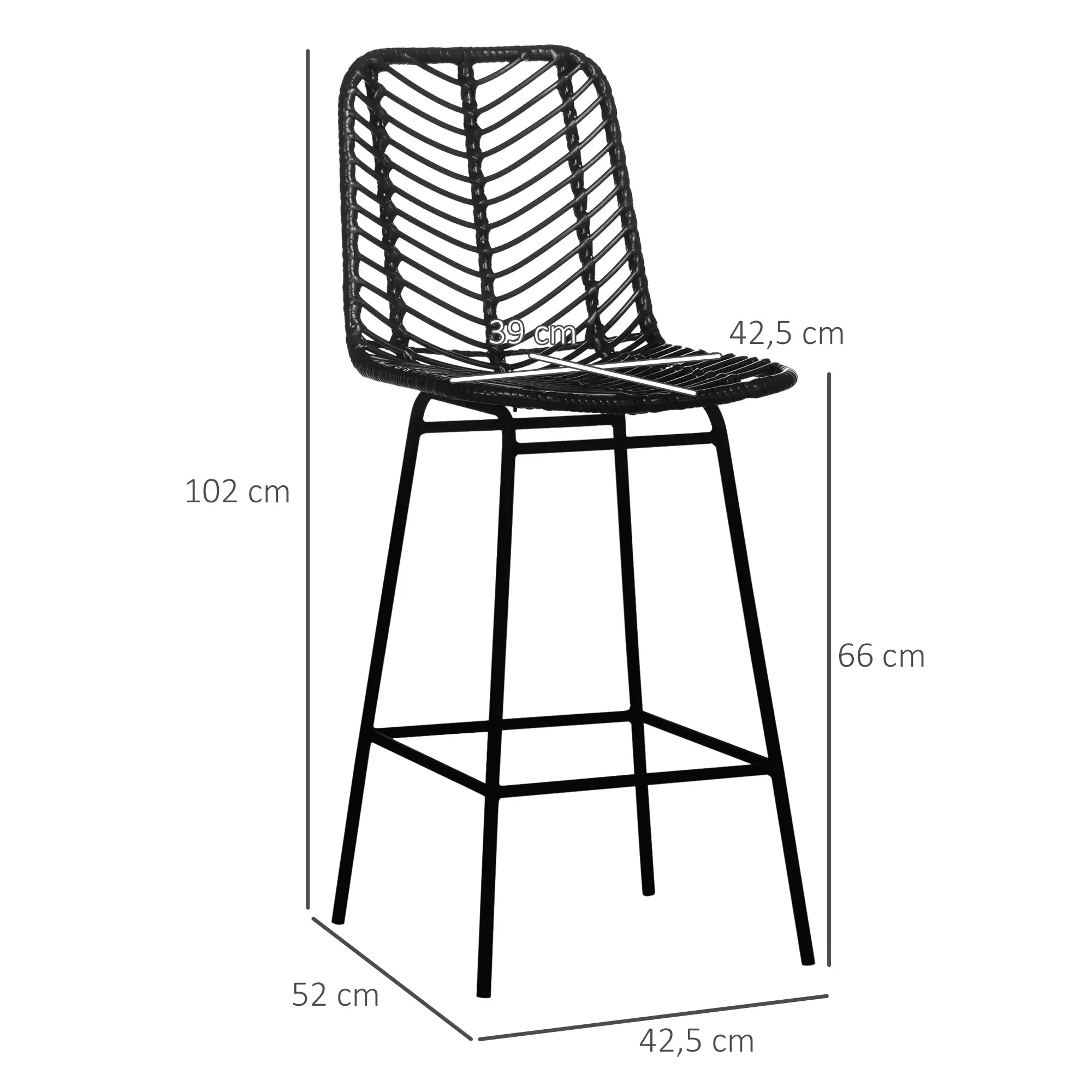 HOMCOM Barhocker, 2er-Set, Rattanoptik, Fußstütze, Stahlrahmen, rutschfest, bis 120 kg, 42,5x52x102 cm, Schwarz
