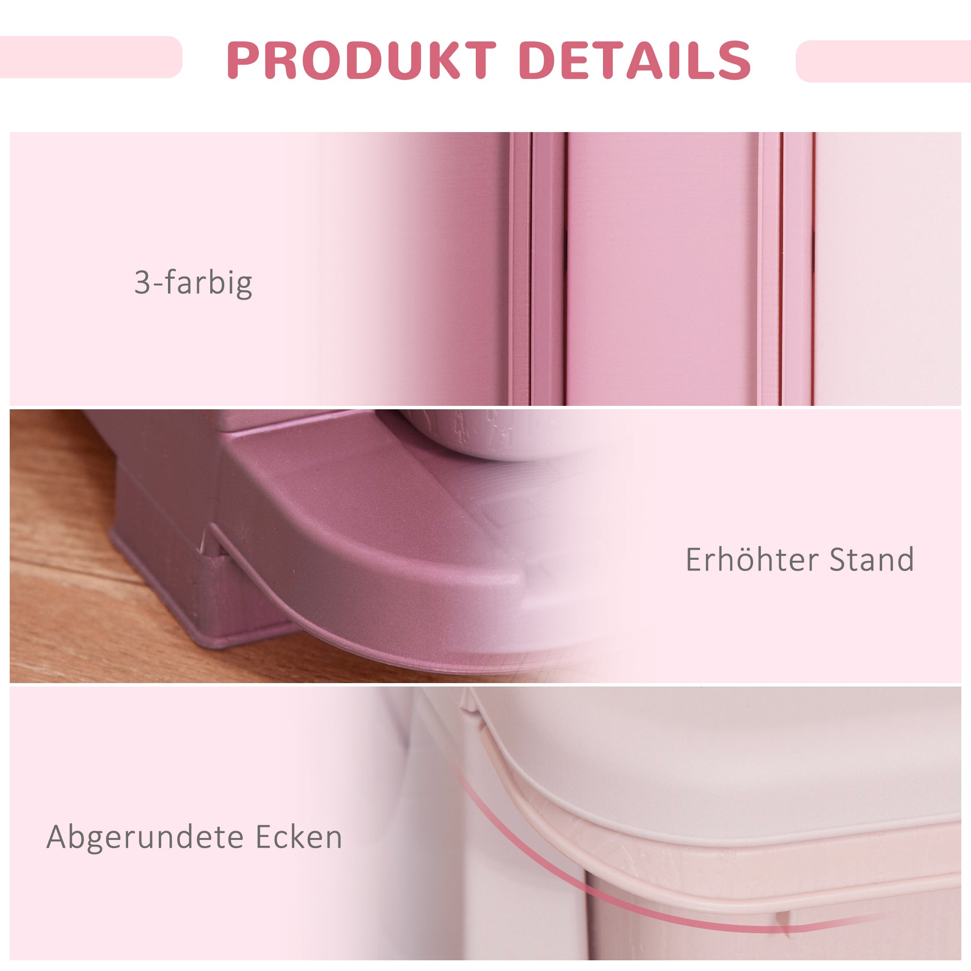 HOMCOM Aufbewahrungsboxen für Kinder, 3 Schubladen, abgerundete Kanten, erhöhtes Design, 37x37x56,5 cm, Rosa