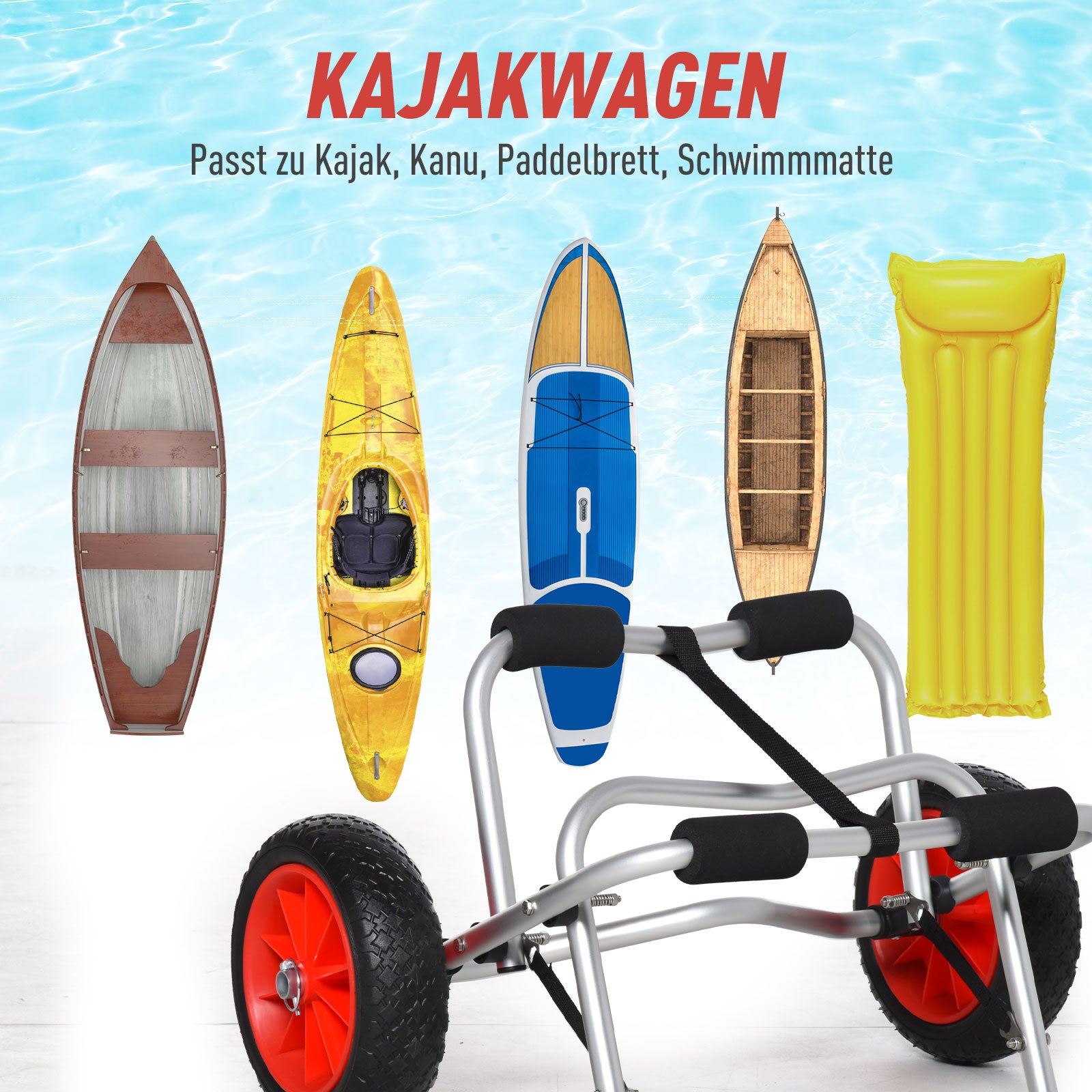 HOMCOM Alu Kanuwagen Kajakwagen Surfwagen klappbar mit Gurt Kunstleder-Räder Silber bis 75 kg 68 x 44,5 x 40 cm