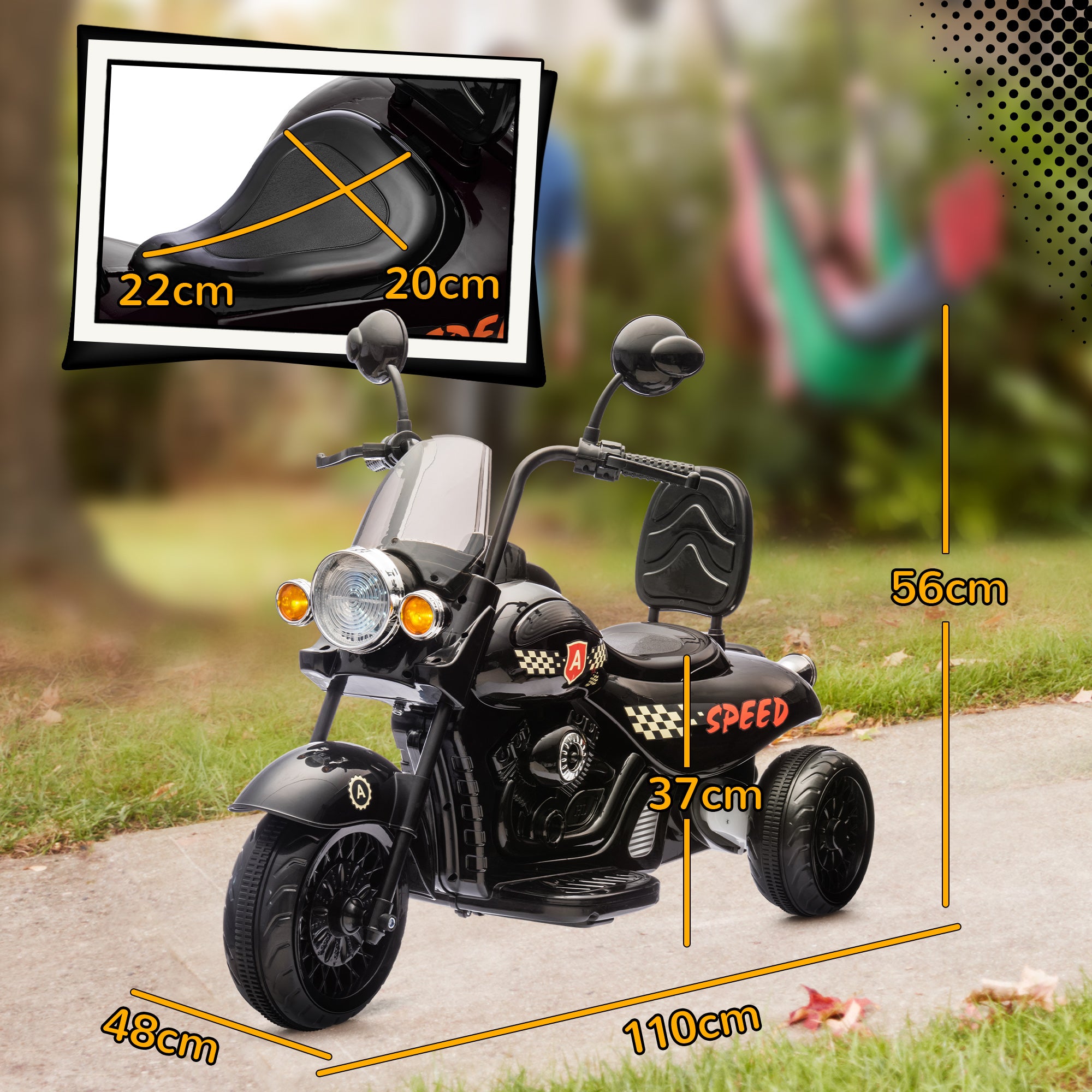AIYAPLAY Elektro-Kindermotorrad, 3-5 km/h, Chopper, Licht & Musik, für Kinder 3-6 Jahre, Schwarz