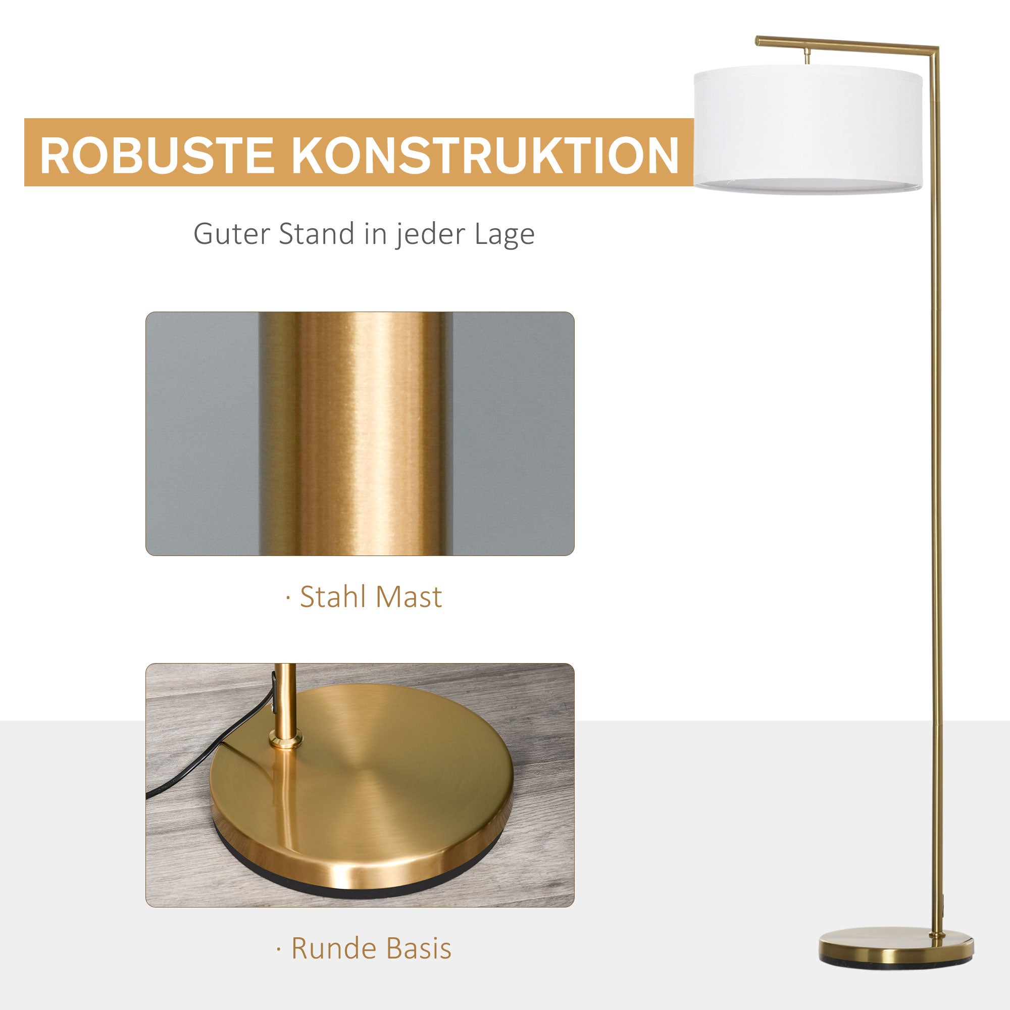 HOMCOM Stehleuchte, Stehlampe, E27 Sockel, Goldoptik, weißer Stoffschirm, Fußschalter, Stahl, 47 x 37 x 153 cm