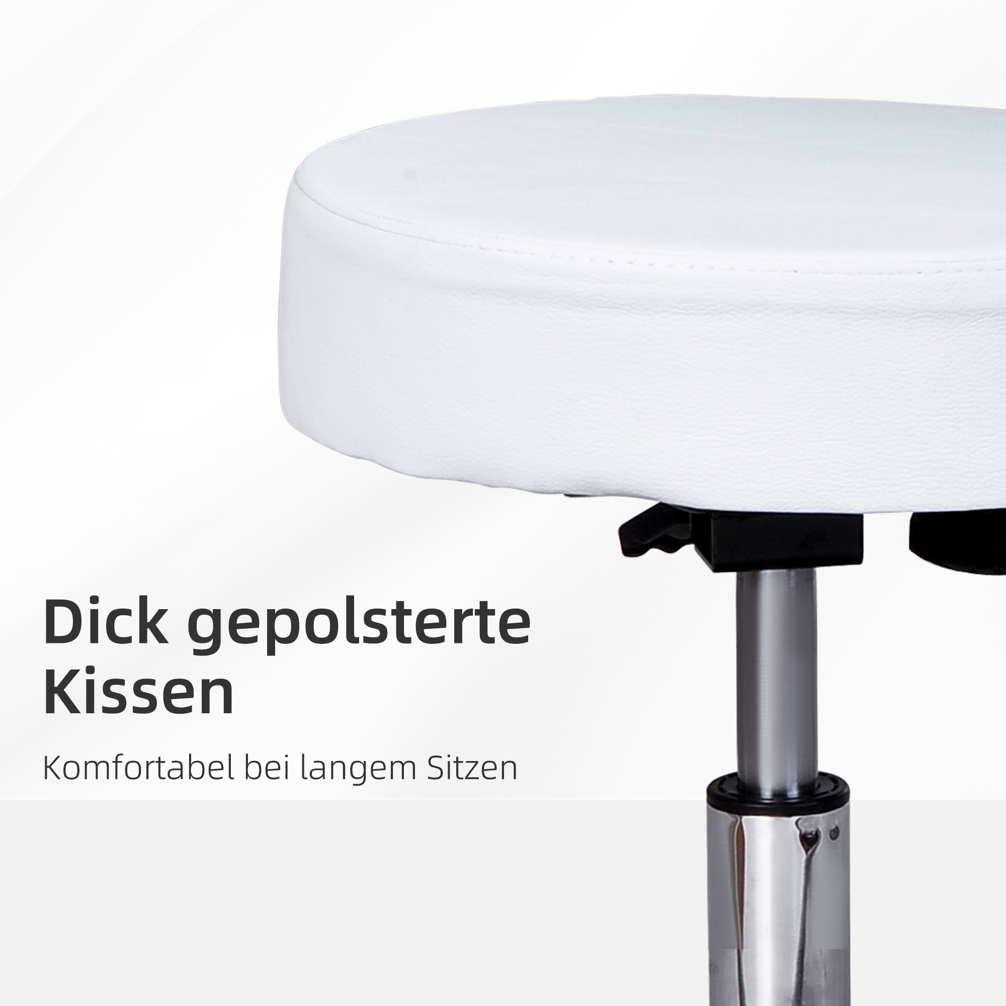 HOMCOM Rollhocker Höhenverstellbarer Arbeitshocker mit Lehne, Drehbarer Salon Hocker für Massage Büro Kunstleder Weiß Ø35 x 72-84 cm