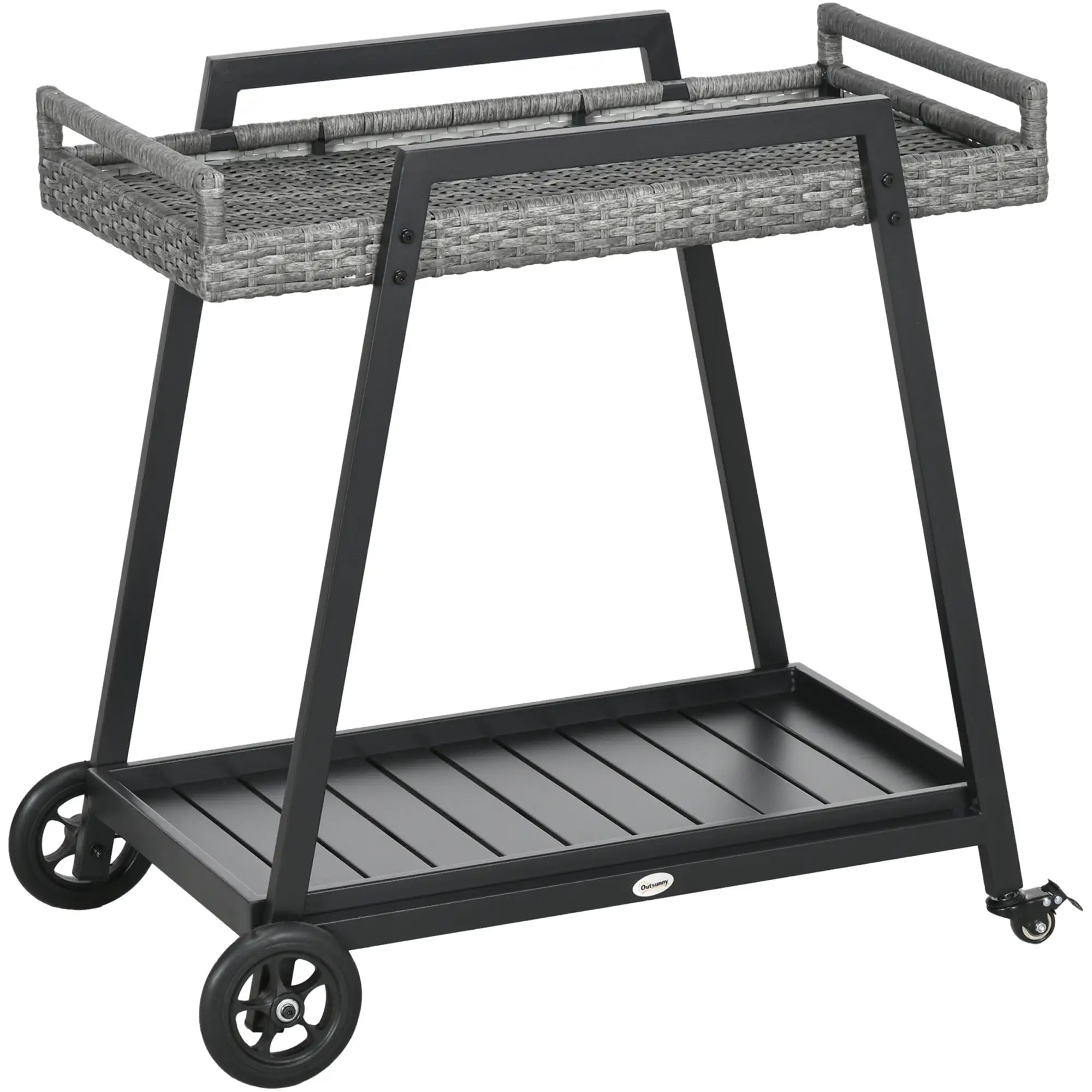 Outsunny Servierwagen Rattan mit Rollen 2 Etagen Griffe