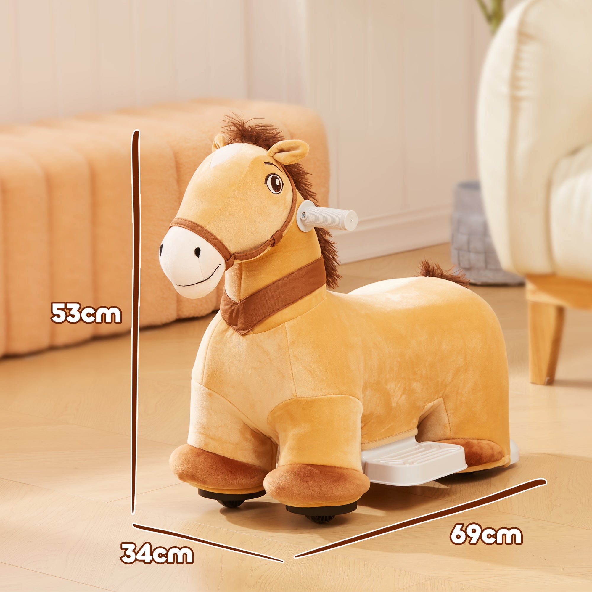 AIYAPLAY 6V Elektrisches Reitpferd für Kinder, Batteriebetrieb, Mit Musikfunktion und Vorwärtsbewegung, 18-36 Monate, Braun