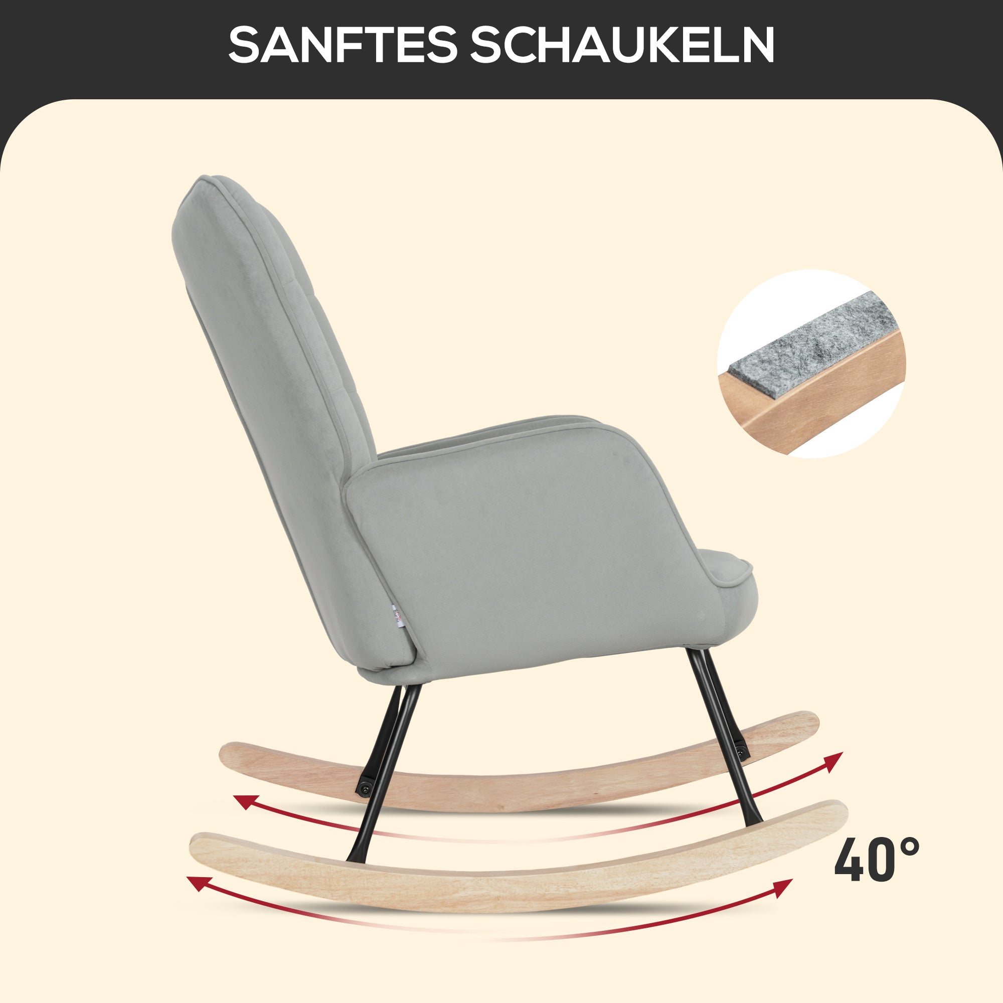 HOMCOM Schaukelstuhl, dicke Polsterung, breite Rückenlehne, Buchenholz/Stahlrahmen, bis 120 kg, Hellgrau