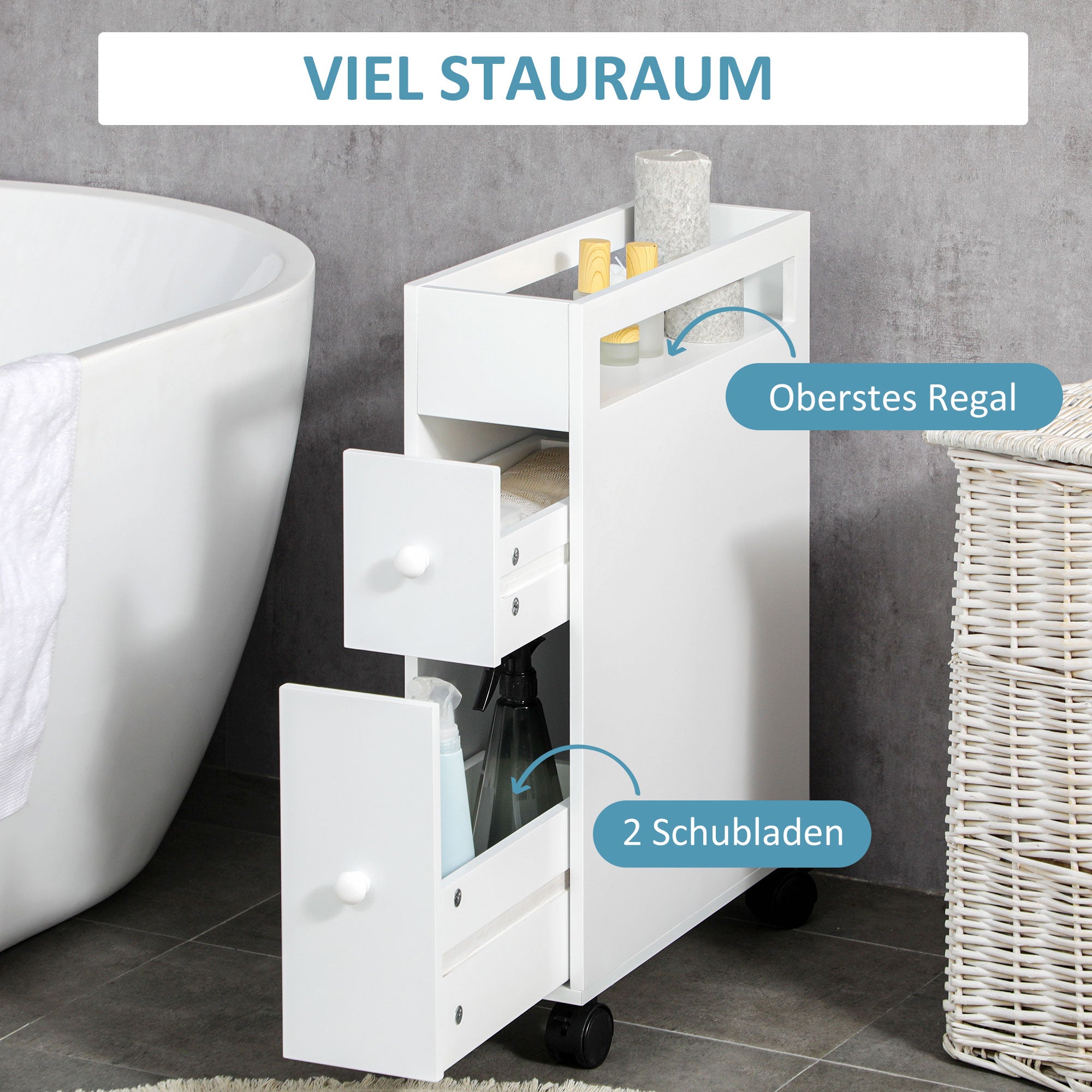 HOMCOM Nischenwagen Badschrank Rollschrank, schmales Design, zwei Schubladen, vier Räder, weiß, 16 x 49,5 x 66 cm