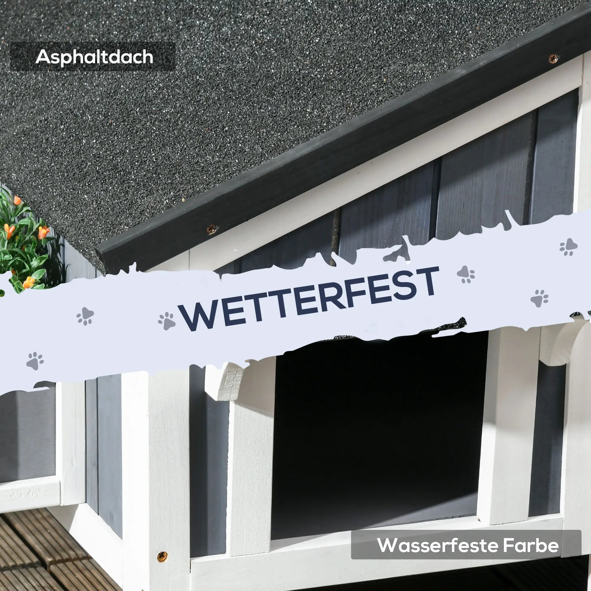 PawHut Outdoor-Katzenhaus, zweistöckig, Bodenabstand, Naturholz, Asphaltdach, grau, 96 x 65 x 85,5 cm