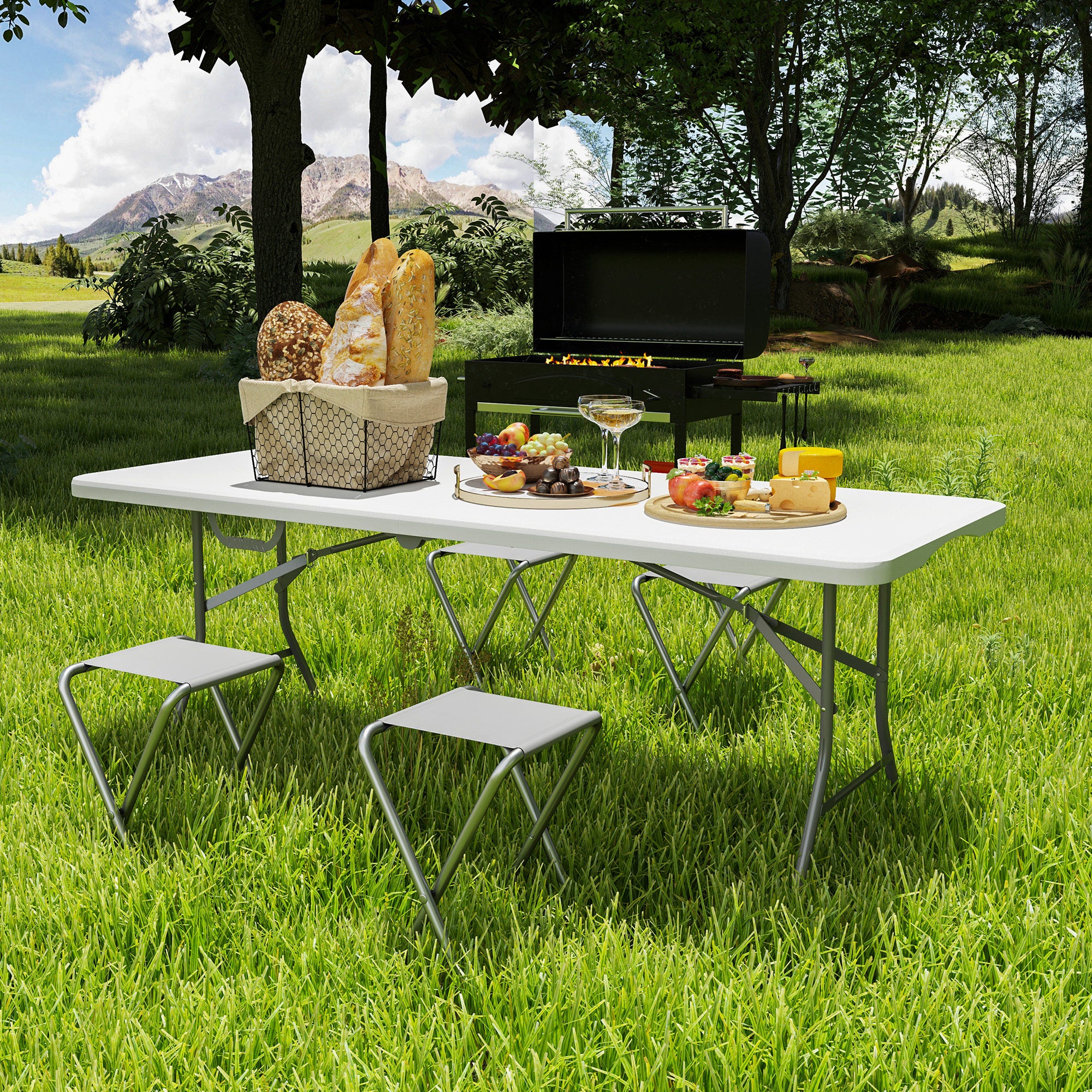 Outsunny Klapptisch, Faltbarer Campingtisch, Metall, Kunststoff, Picknicktisch, Weiß