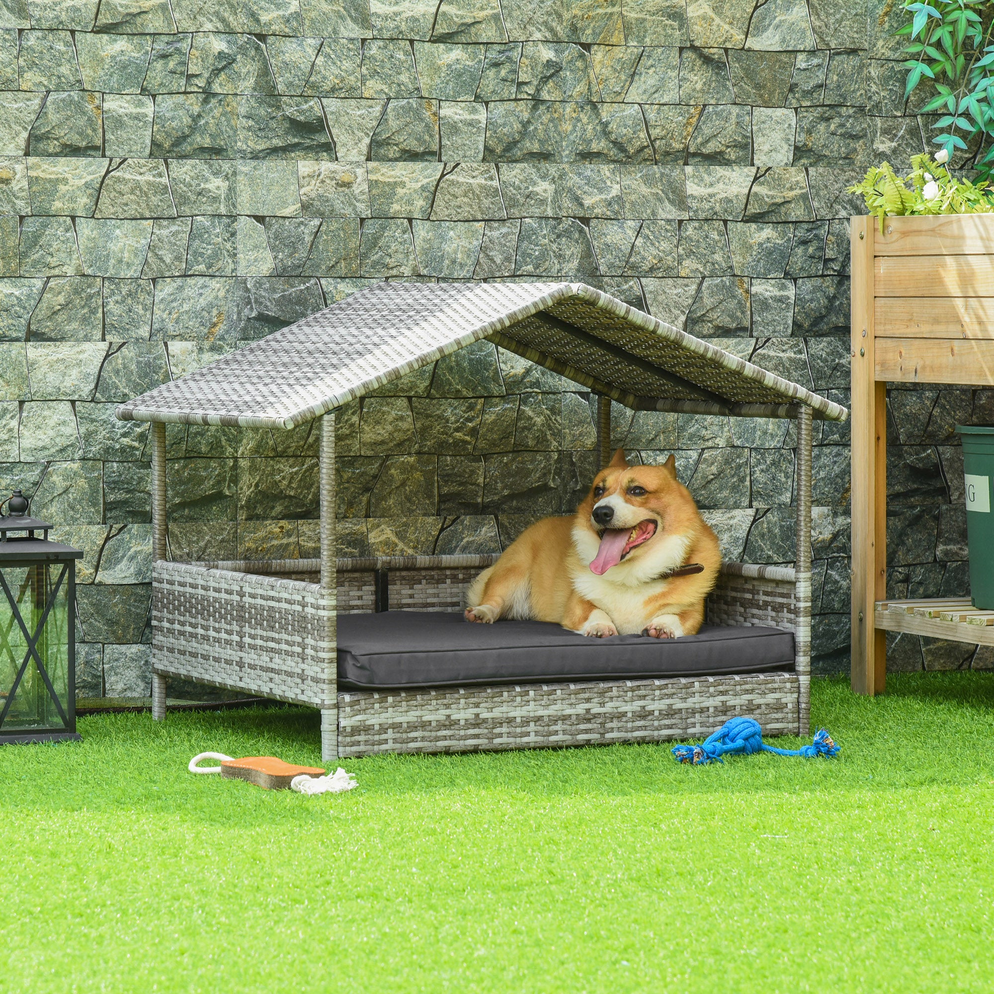 PawHut Hundehütte Haustierbett Hundekorb, wetterbeständig, abnehmbares Poster, Grau