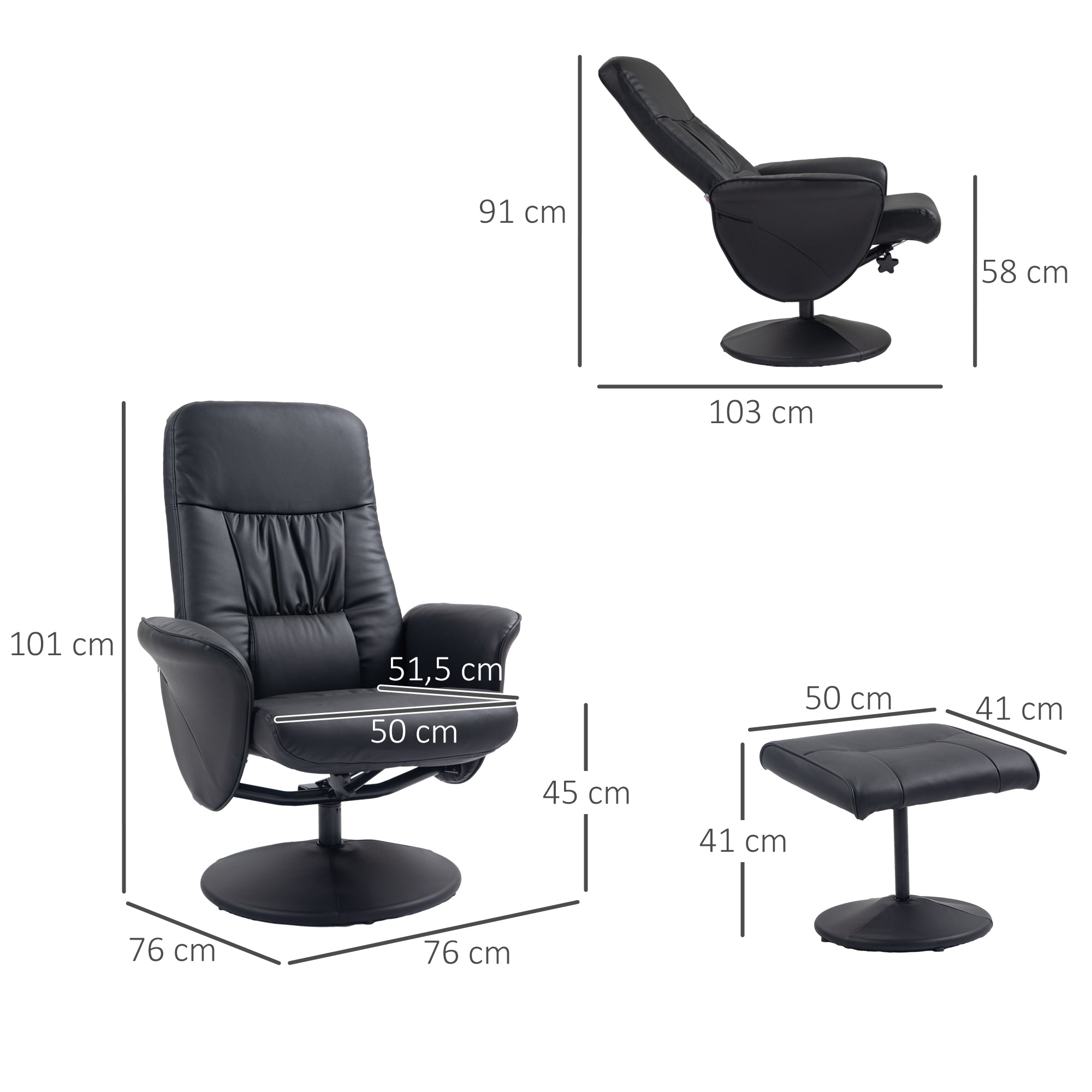 HOMCOM 2-teiliges Sessel-Set Sessel mit Fußhocker Relaxsessel mit Fußhocker, höhenverstellbar, neigbare Rückenlehne, Schwarz