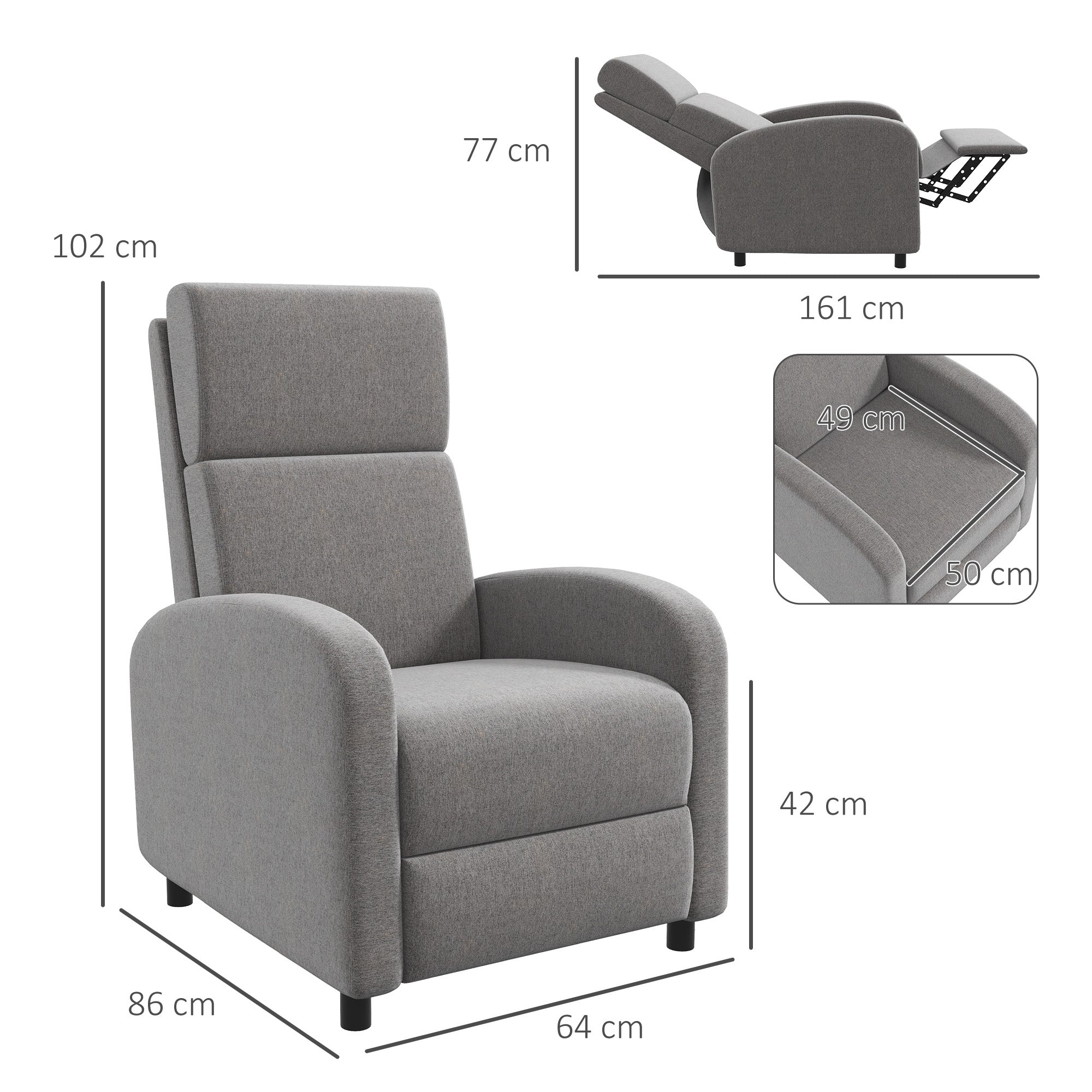 HOMCOM Relaxsessel Fernsehsessel, ausklappbare Fußstütze, neigbar bis zu 160°, 64 x 86 x 102 cm, Grau