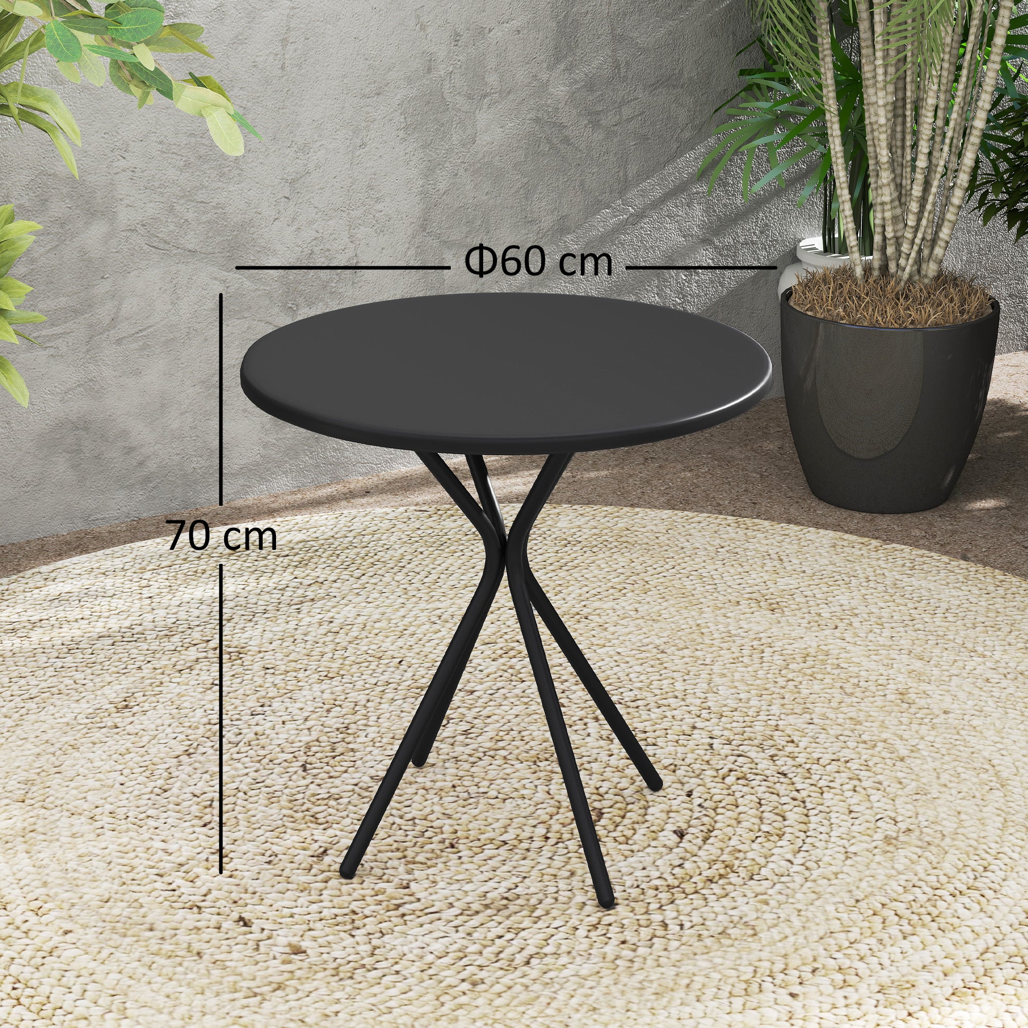 Outsunny Gartentisch Ø60 x 70 cm, Wetterfest Balkontisch aus Stahl, Runder Esstisch mit Fußpolster Schwarz