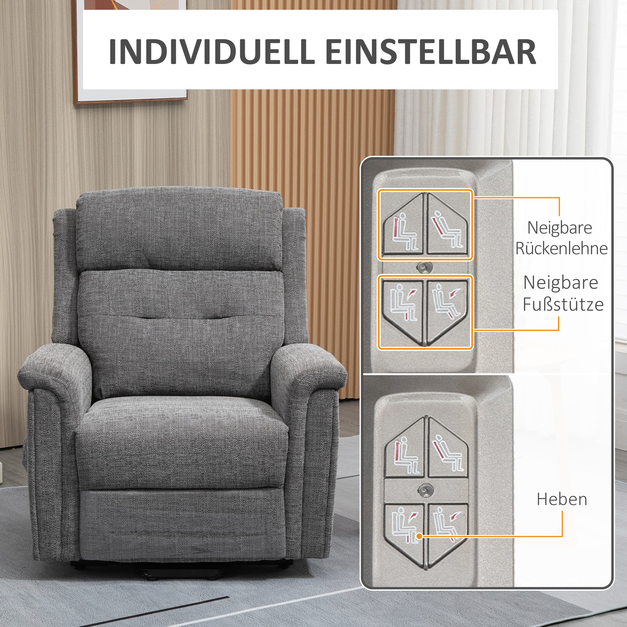 HOMCOM Relaxsessel mit Aufstehhilfe inkl. Fernbedienung Fußstütze Stahl Grau