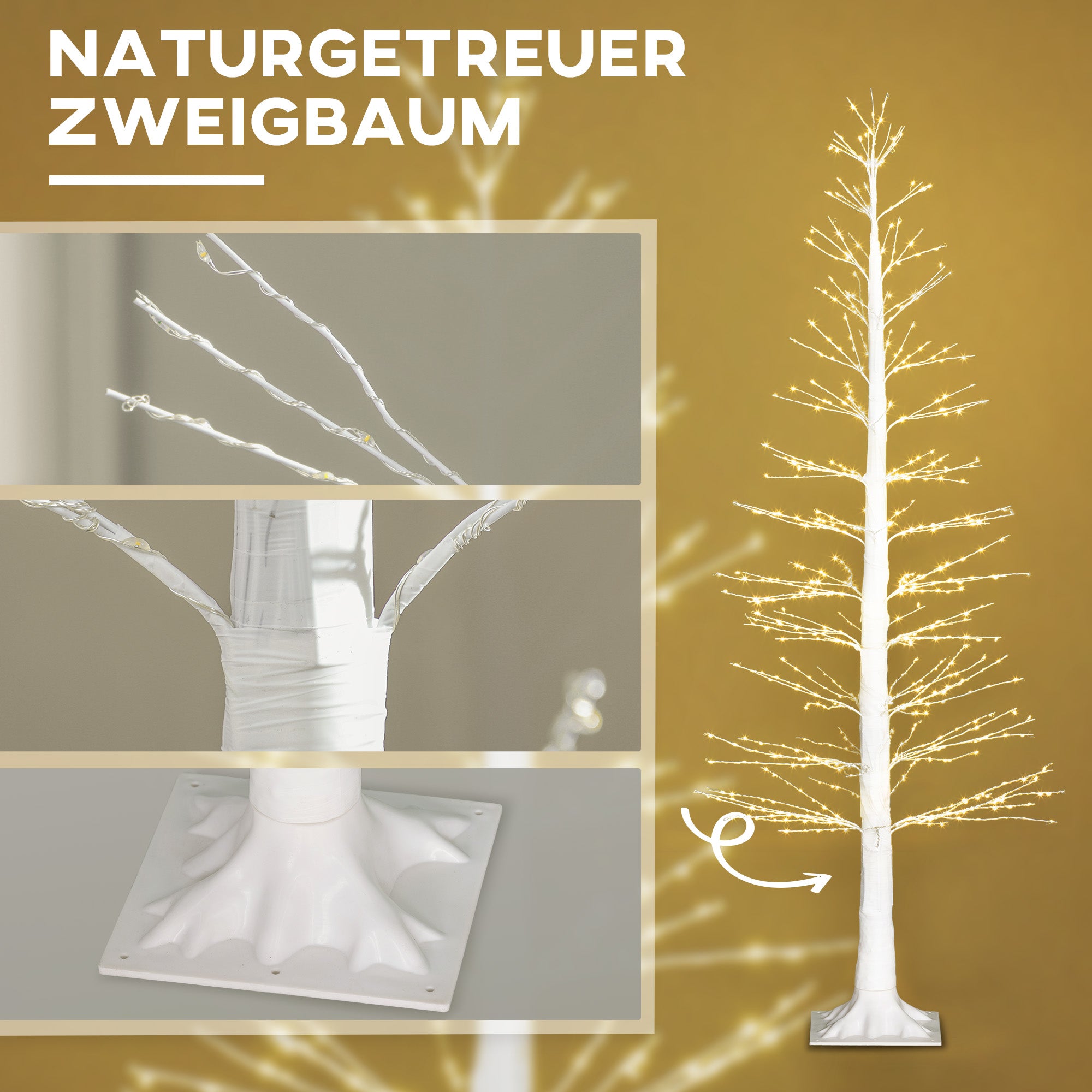 HOMCOM Kunsttanne mit LED-Beleuchtung, 180 cm hoher Weihnachtsbaum, realistische Rinde, Weiß