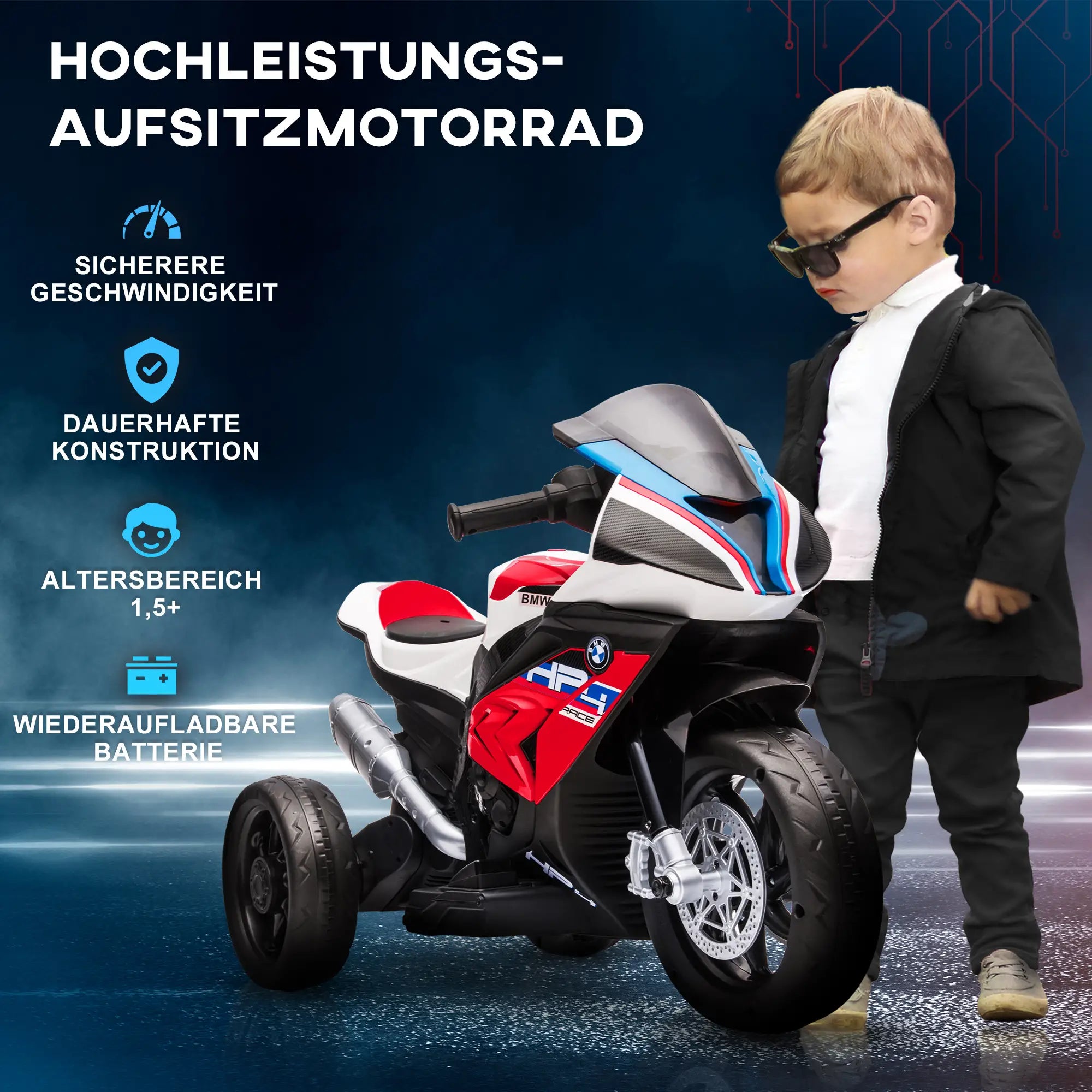 HOMCOM Kinder-Elektromotorrad Musikfunktion sichere 3-Rad-Ausführung Rot