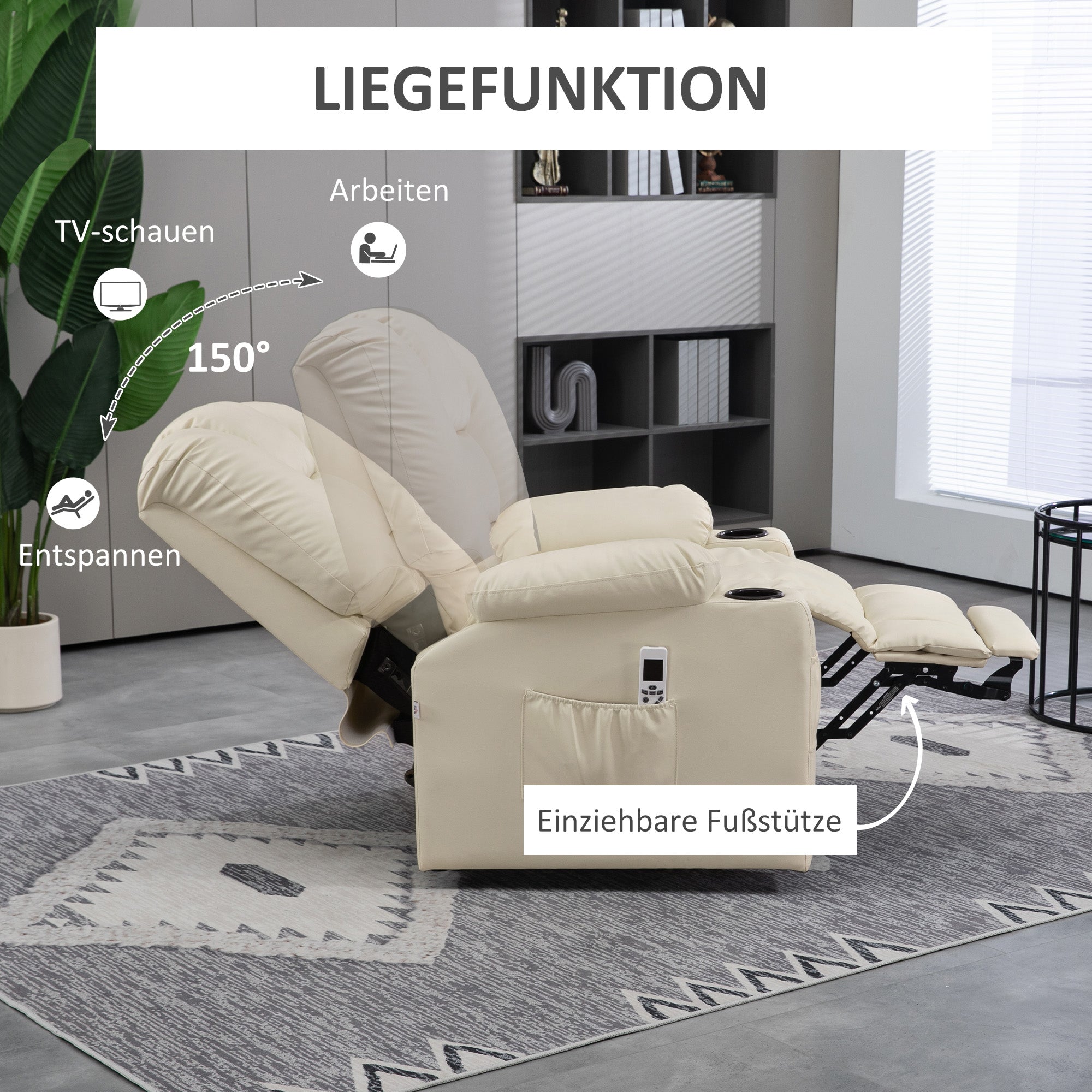 HOMCOM Massagesessel Aufstehhilfe Seniorensessel, inkl. Fernbedienung, 4 Massagemodi, 90  cm x 98 cm x 102 cm, Creme