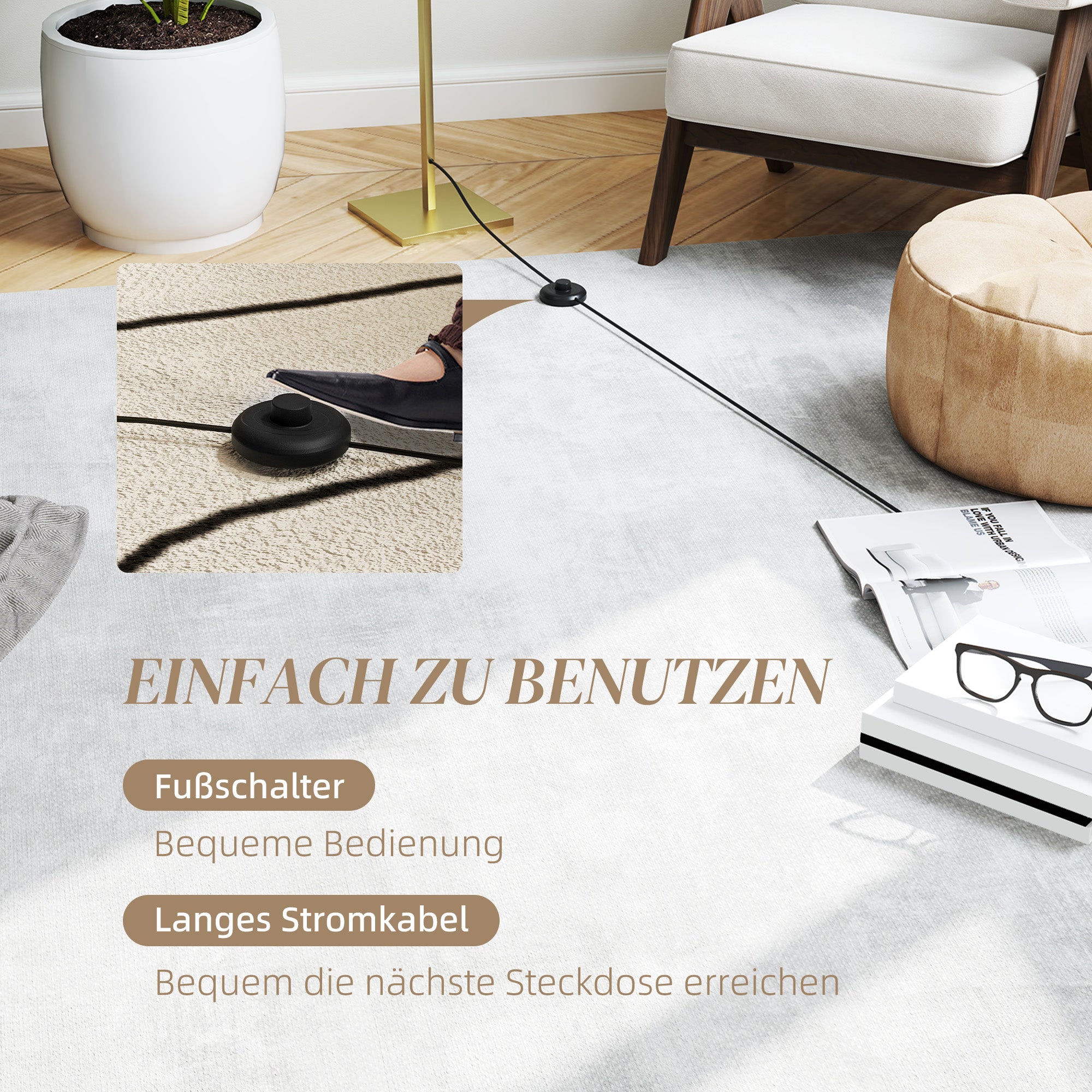 HOMCOM Stehleuchte im Spiraldesign, Fußschalter, 3 Helligkeitsstufen, 1,46 m, Gold
