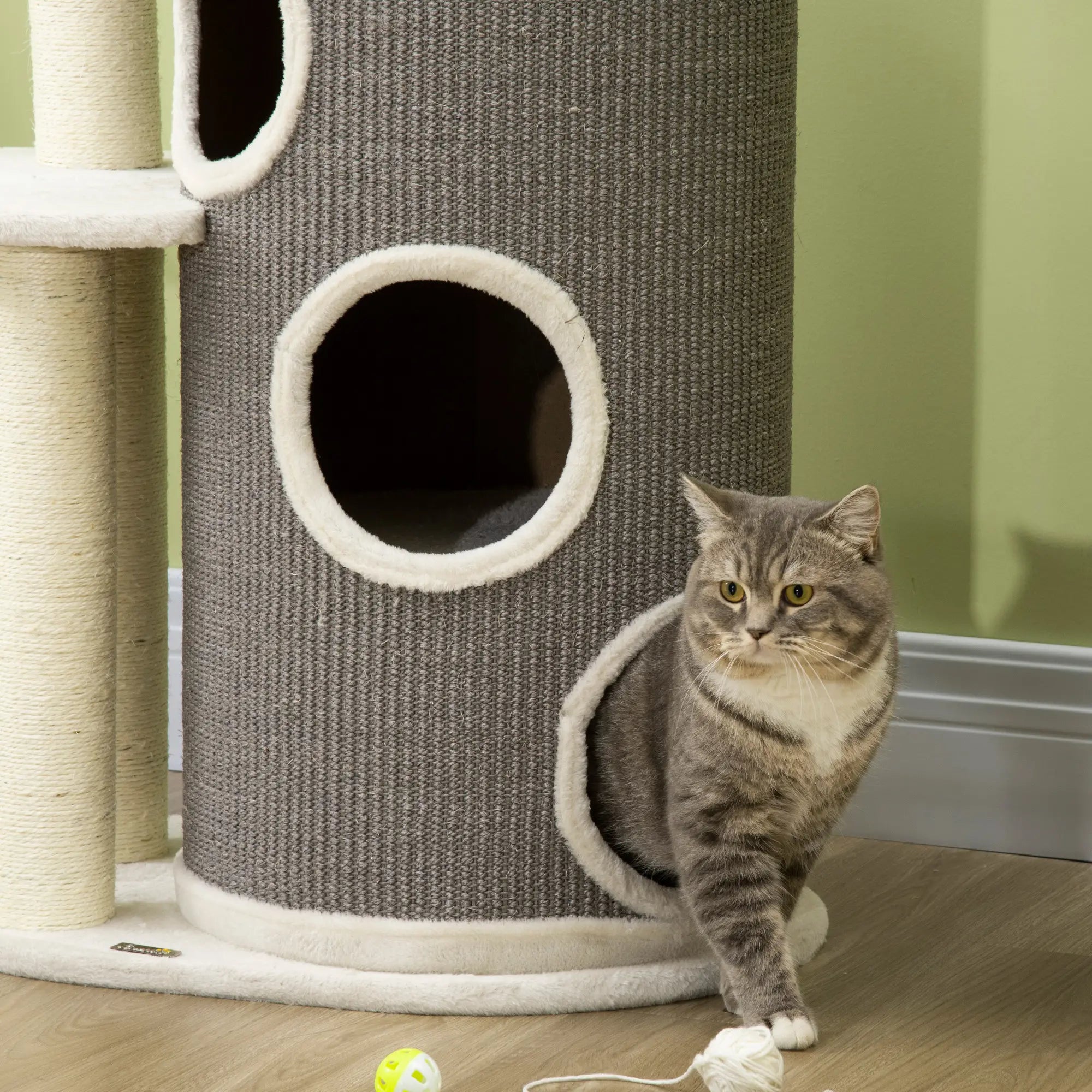 PawHut Kratzbaum Kratztonne Katzenbett mit 3 Ebenen Plüsch Weiß Grau