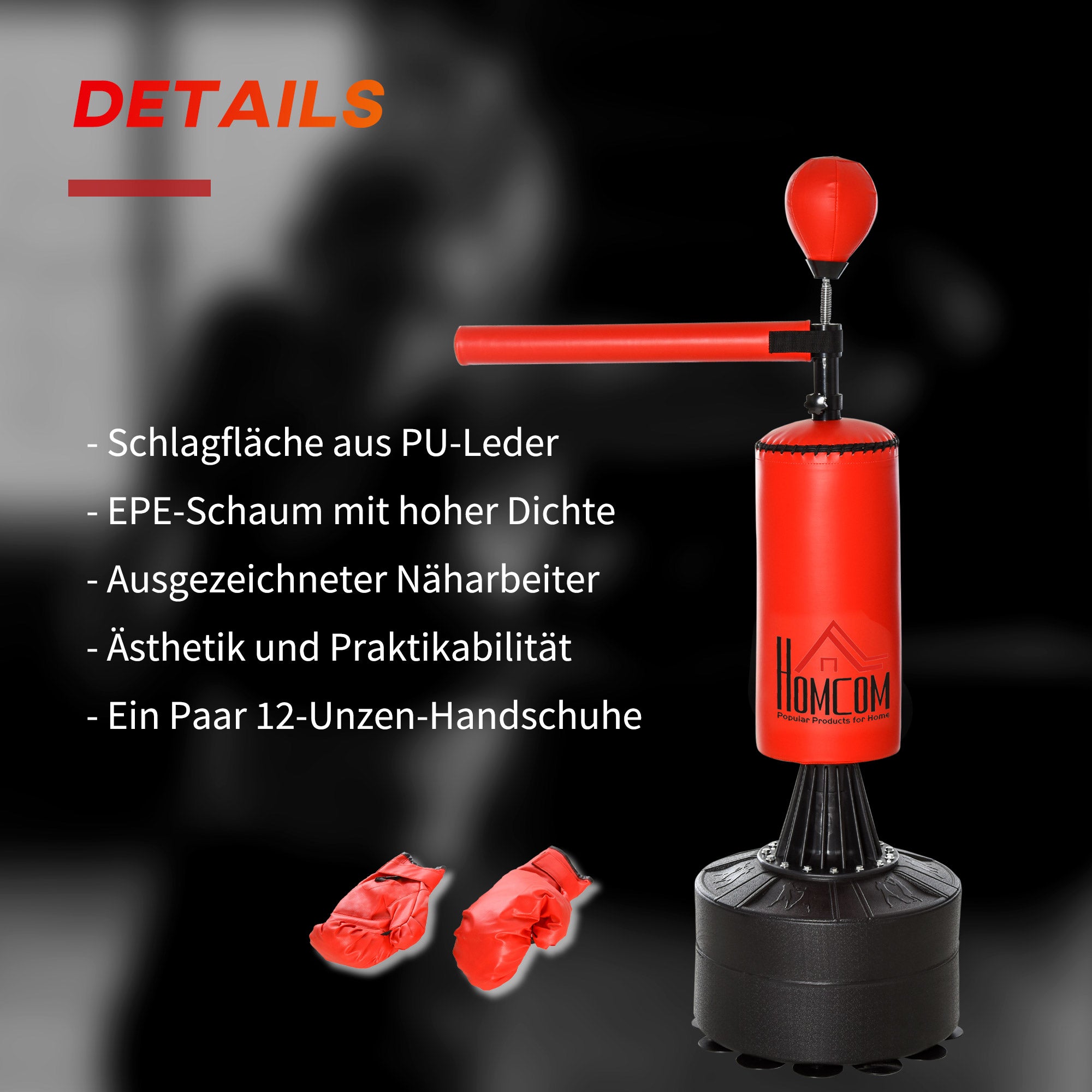 HOMCOM Standboxsack Boxtrainingsgerät mit Reflexball, 360°-Drehstange, Saugfuß, Sand/Wasser befüllbar, Stehend Boxassistent mit Handschuhe, Luftpumpe Training Boxsack 88 x 48 x 155-205 cm