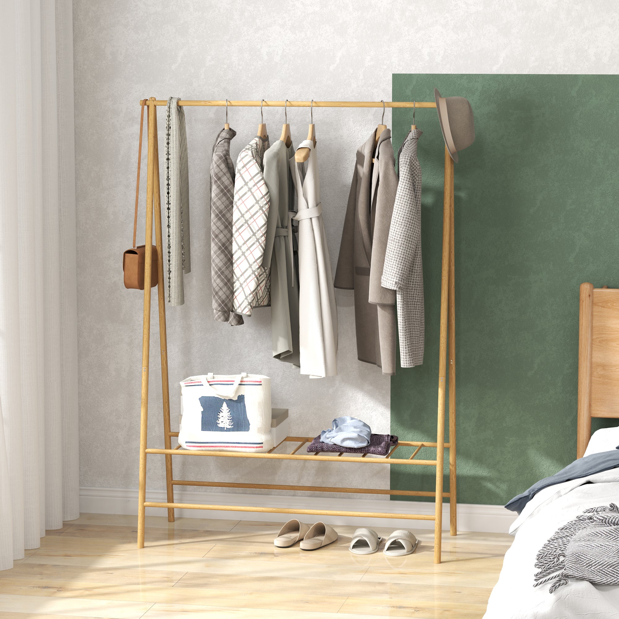 HOMCOM Bambus-Kleiderständer mit Schuhregal und Haken, freistehend, für Eingangsbereich, Schlafzimmer, Naturholz