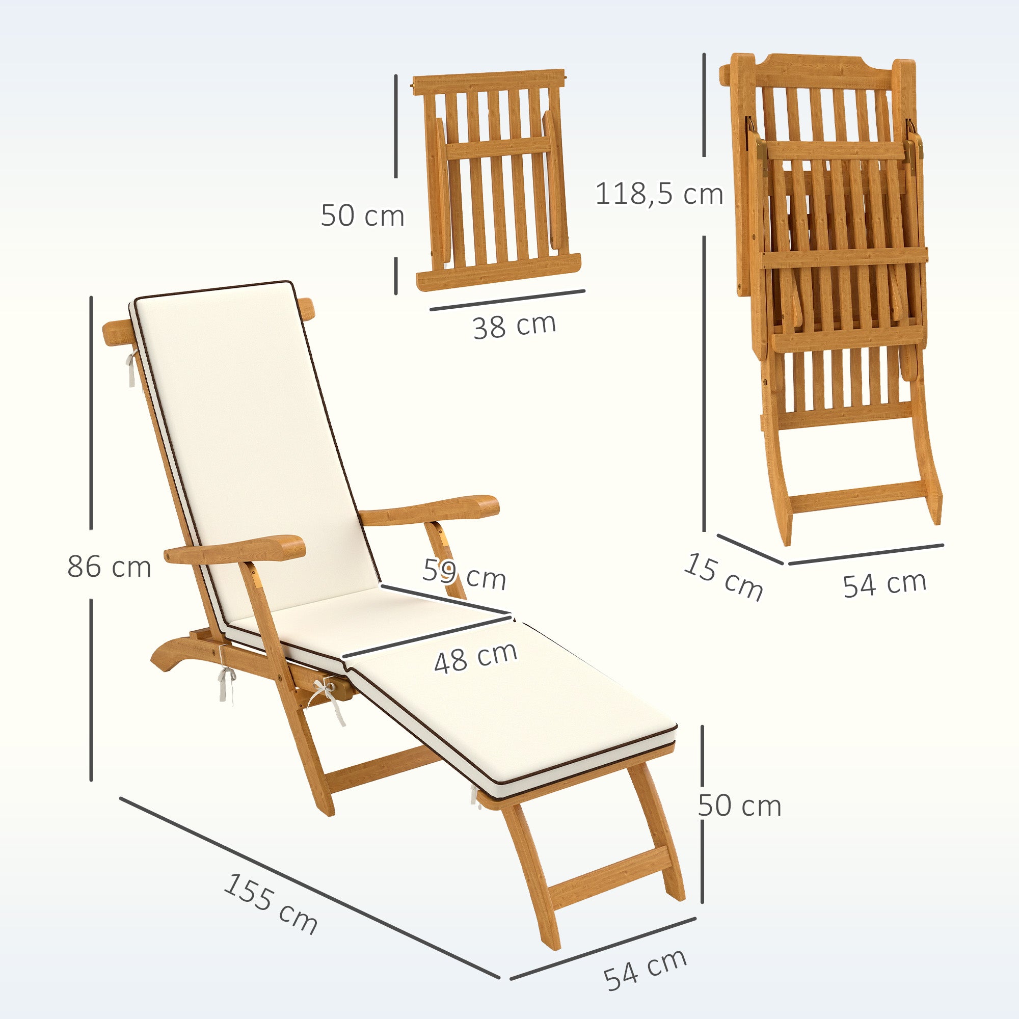 Outsunny Sonnenliege Holz klappbar Gartenliege mit Fußstütze, Matratze, Liegestuhl bis 160 kg belastbar Teak