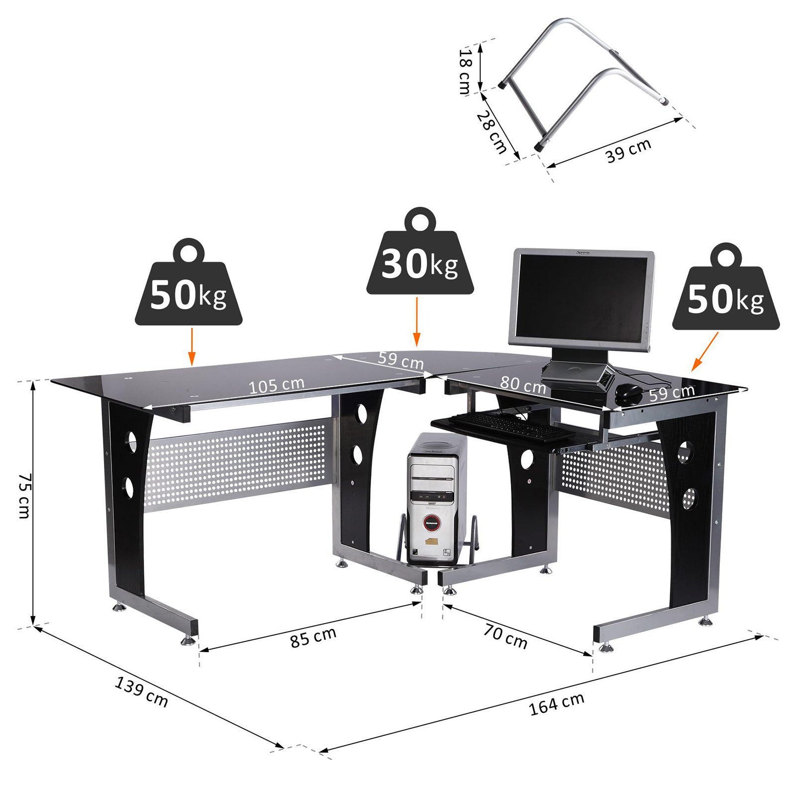 HOMCOM Computertisch Eckschreibtisch Schreibtisch Bürotisch PC Tisch mit schwarzem Sicherheitsglas L-förmig 164x139x75 cm