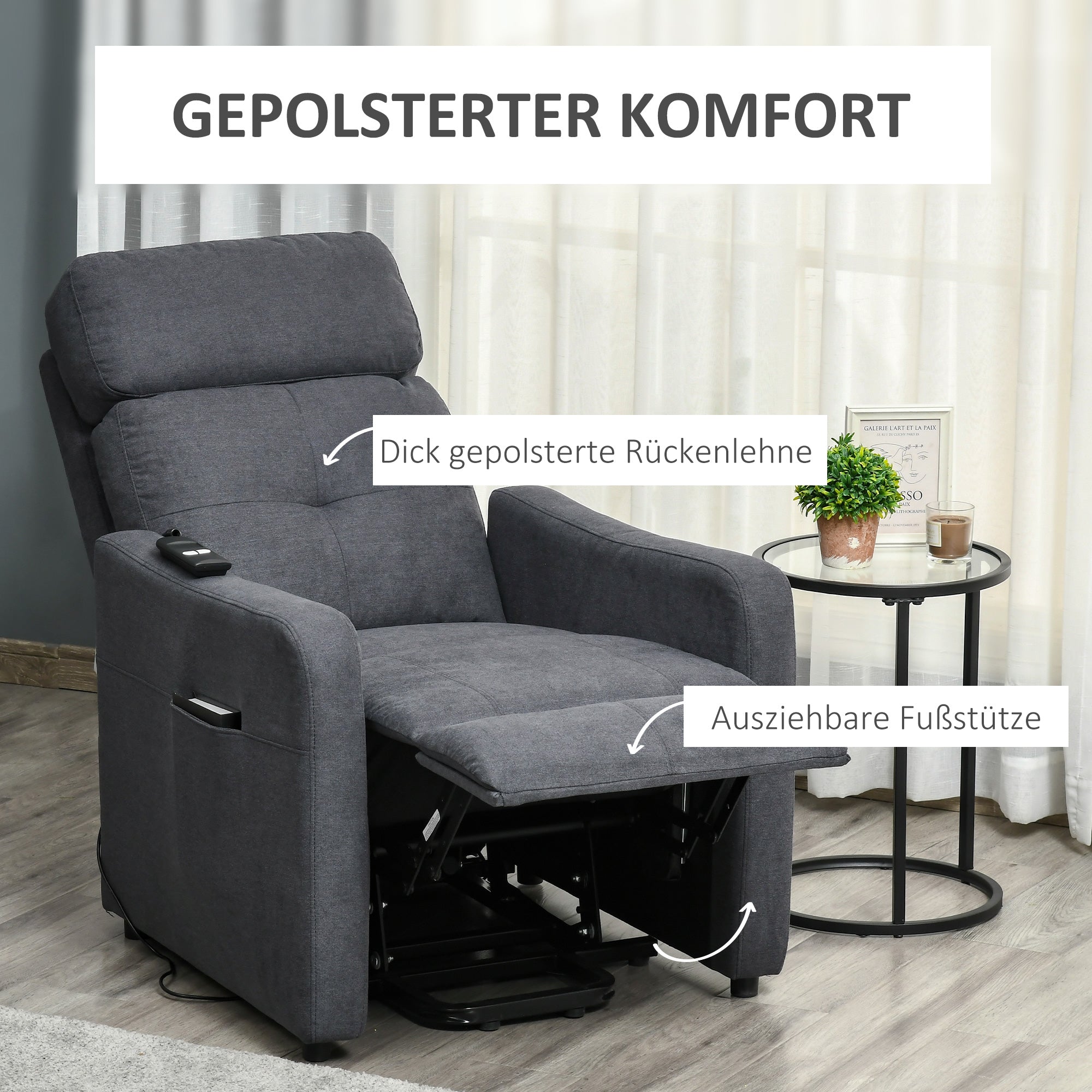 HOMCOM Relaxsessel mit Aufstehhilfe, inkl. Fernbedienung, ausziehbare Fußstütze, 71 cm x 94 cm x 104 cm, Grau