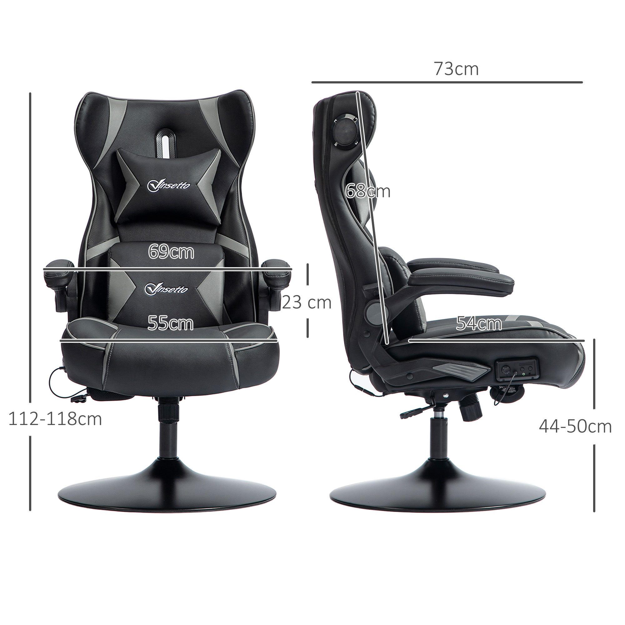 Vinsetto Gaming Stuhl mit Schaukelfunktion und Lautsprecher, Lenden- und Nackenstütze, für Spielzimmer, Kunstleder, Grau+Schwarz