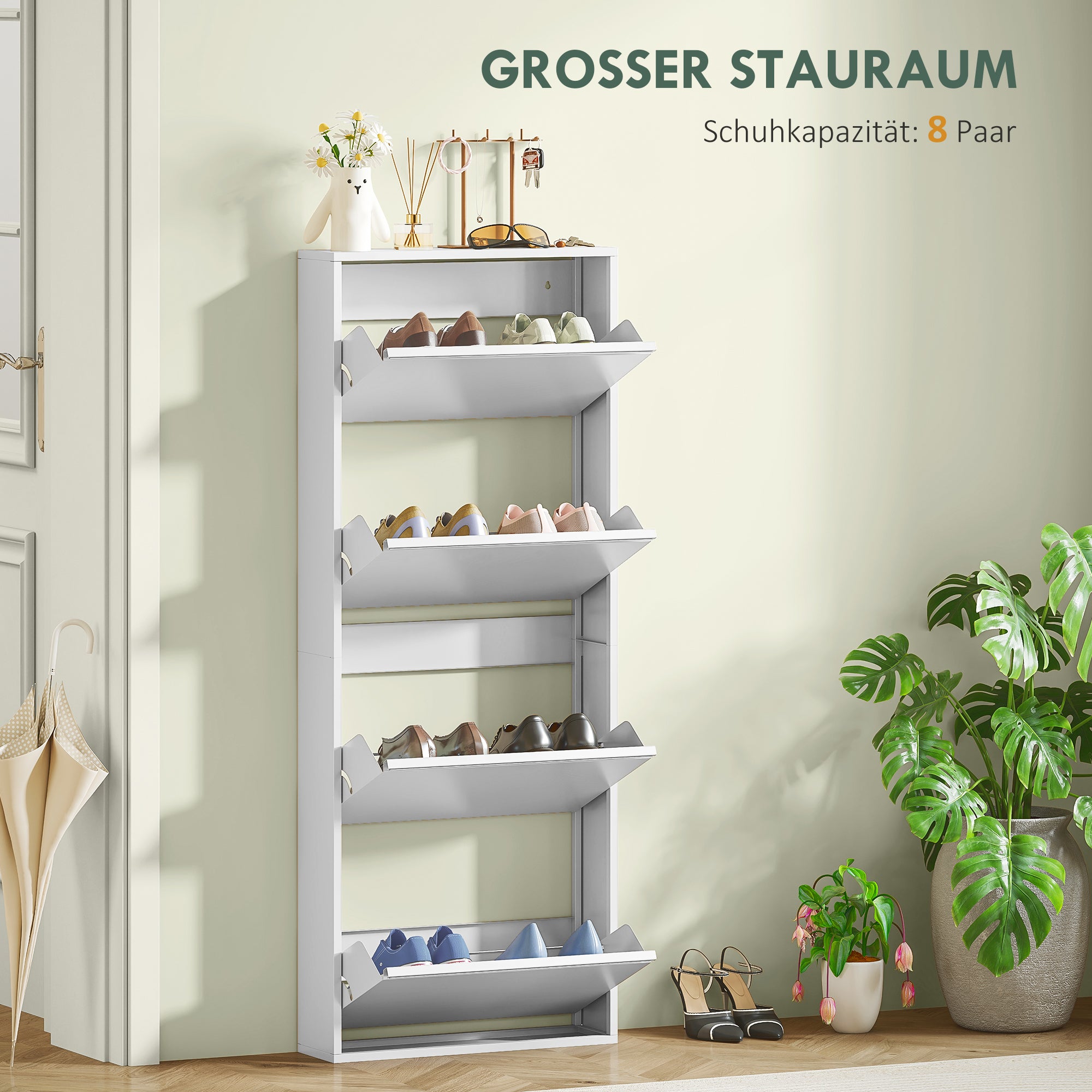 HOMCOM Schmaler Schuhschrank aus Metall für bis zu 8 Paar Schuhe, 4 Kippschubladen, für Flur, Eingangsbereich, Weiß