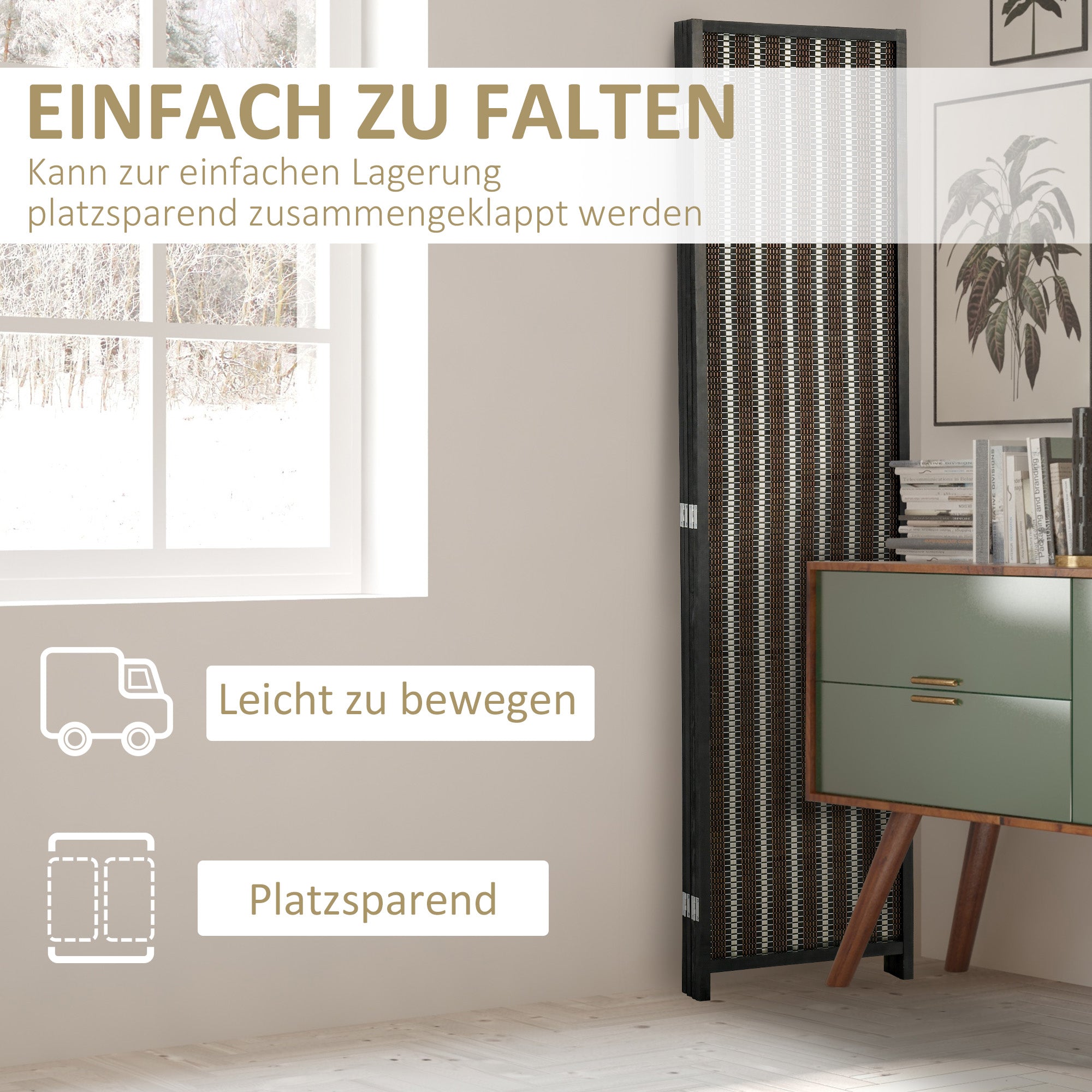 HOMCOM Raumteiler, faltbar, Kiefernholz/Bambus, 180 x 180 cm, Braun/Schwarz