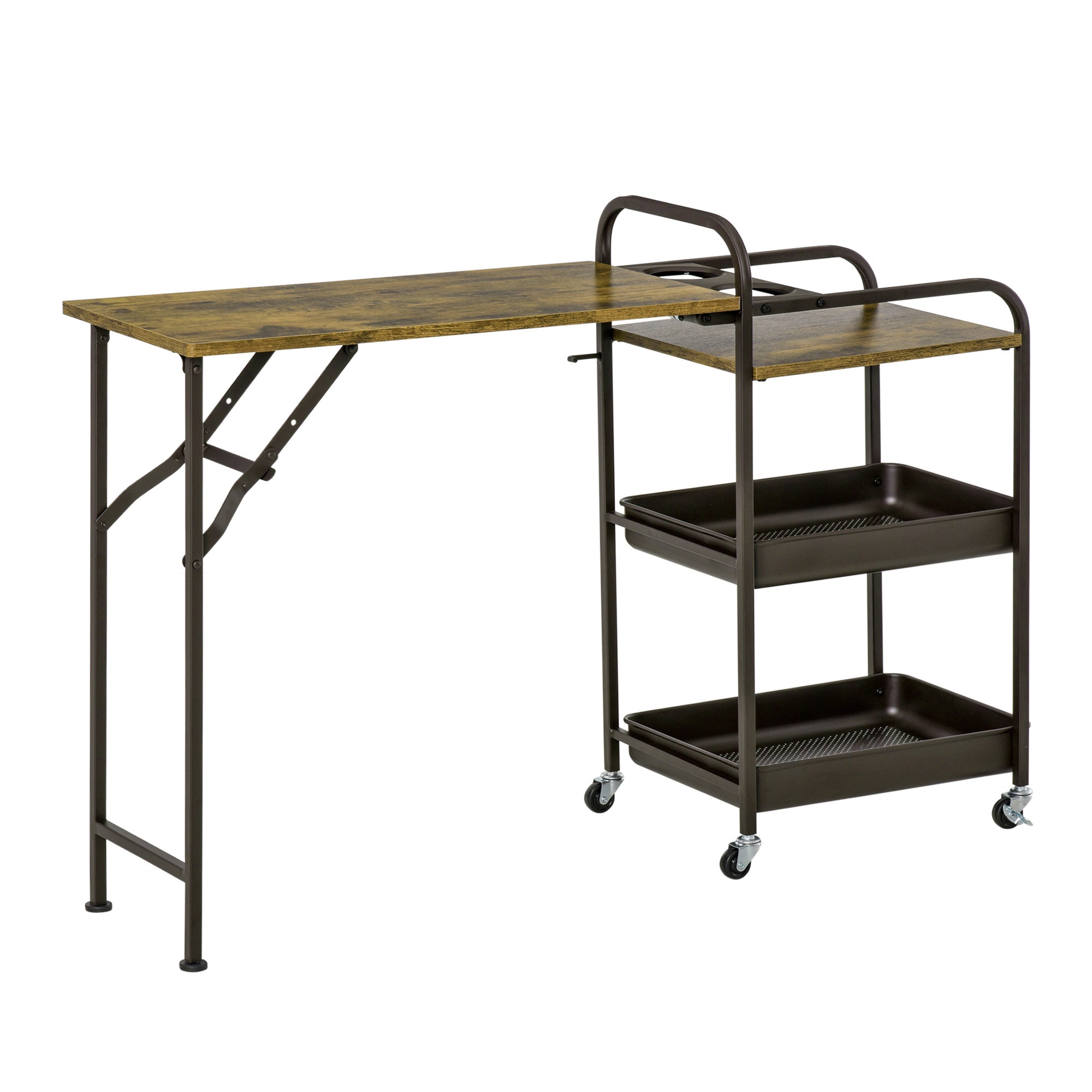 HOMCOM Küchenwagen Küchenrollwagen Servierwagen mit 1 klappbaren Tischplatte 2 Tabletts und 1 offenes Regal Rollen Verstellbare Fußpolster E1-Spanplatte Metall Rustikal-Braun 118 x 36,5 x 82 cm
