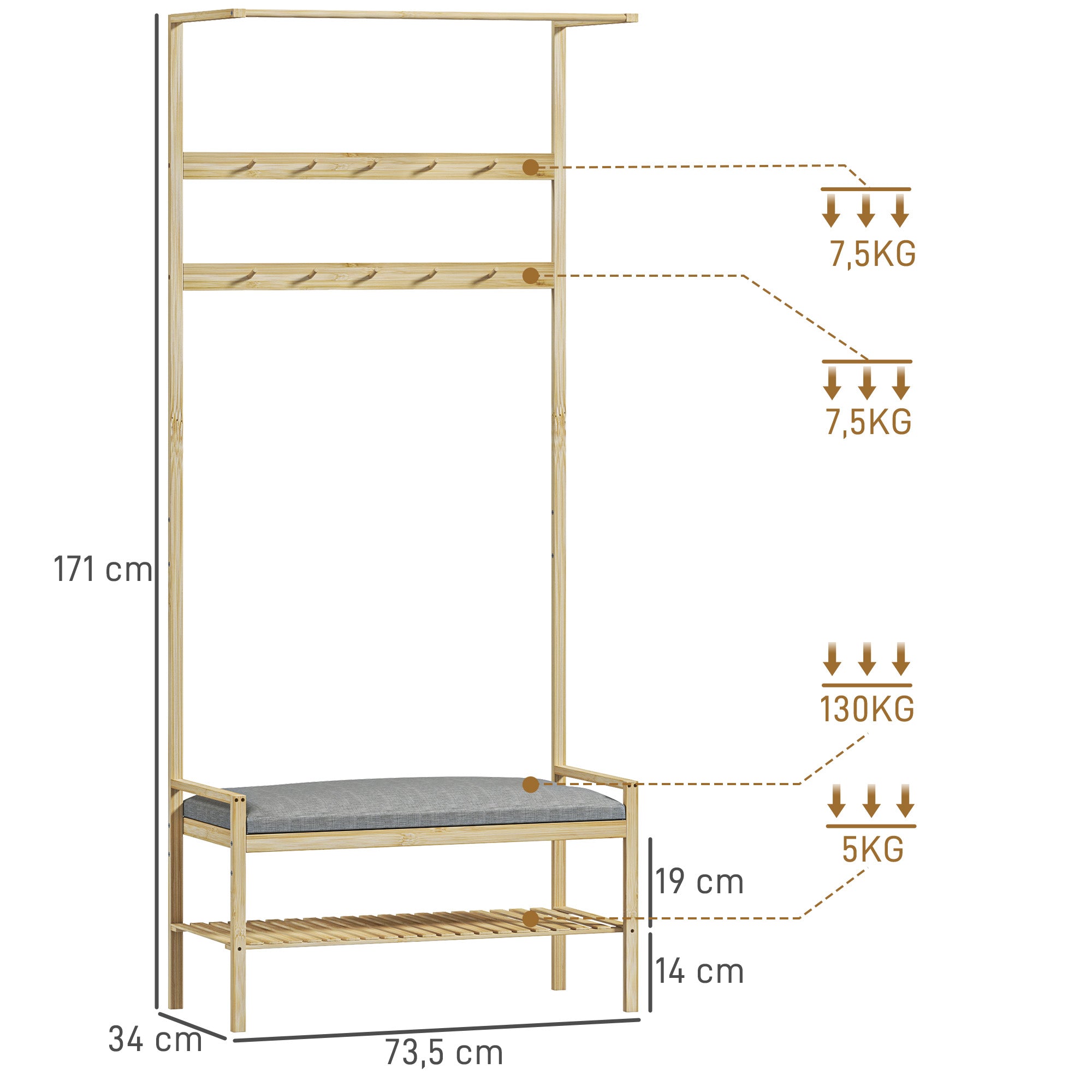 HOMCOM Garderobe mit Schuhbank, Kleiderstange, 10 Kleiderhaken, Schuhablage, Bambus
