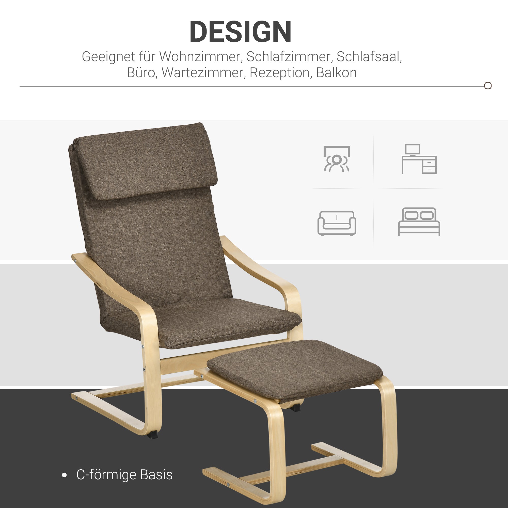 HOMCOM Sessel mit Fußhocker, Sessel-Set, Leinenoptik, Massivholz, Braun + Natur