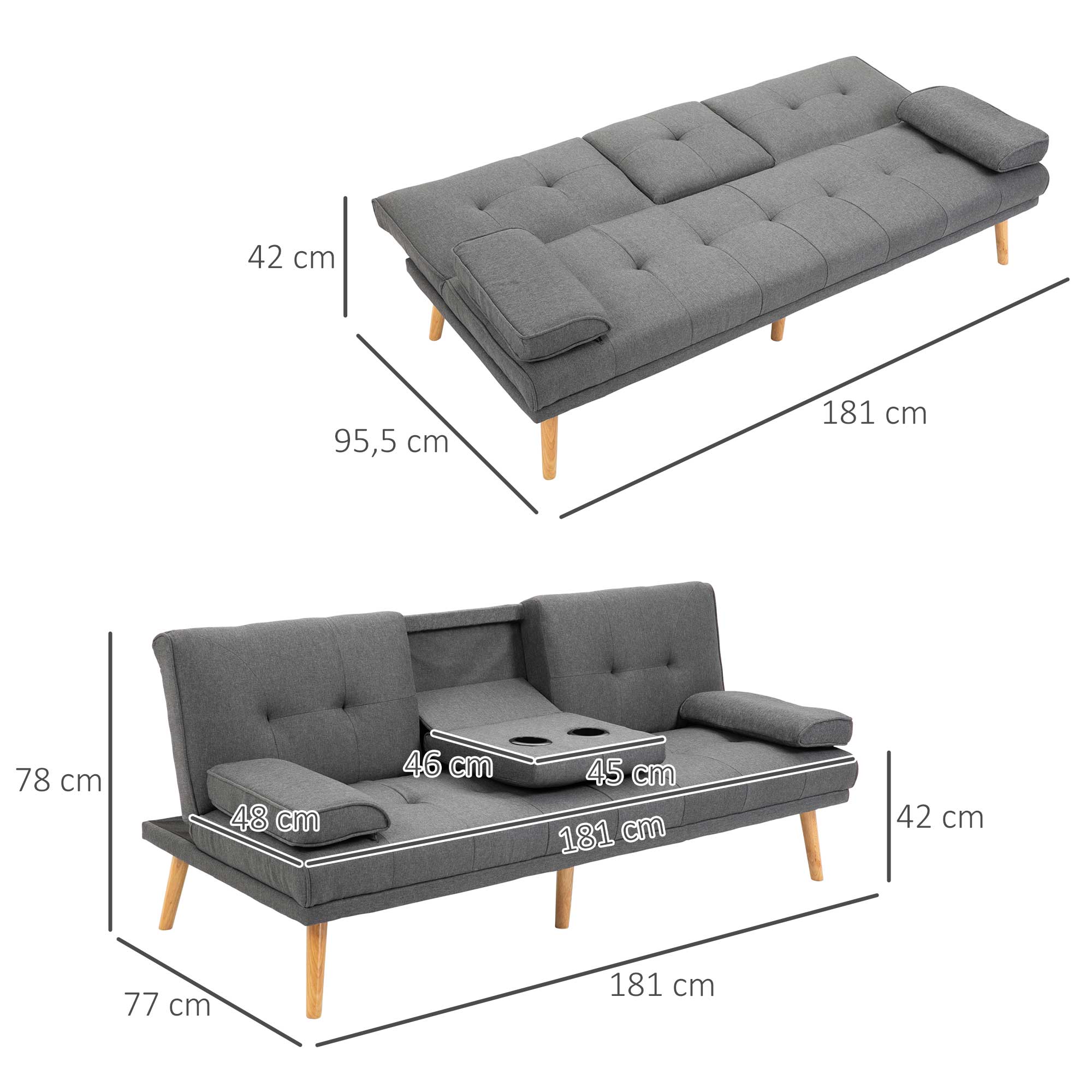 HOMCOM Schlafsofa im Skandi-Design, 3-Sitzer-Sofa, 2 Kissen, Grau + Natur