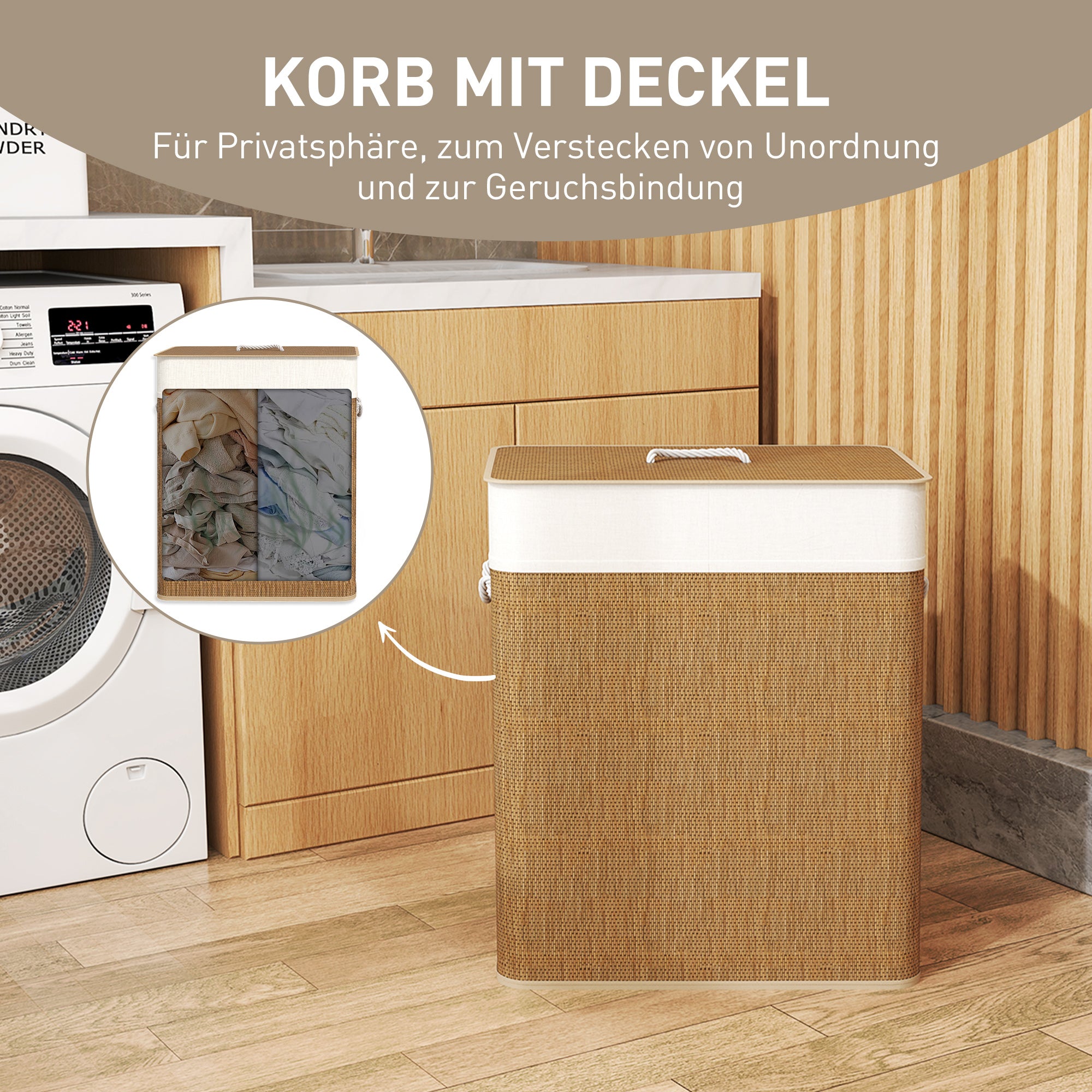 HOMCOM Bambus Wäschekorb mit Deckel 2 Fächer 100 L Wäschesammler mit Seilgriffen, herausnehmbarer Wäschesack
