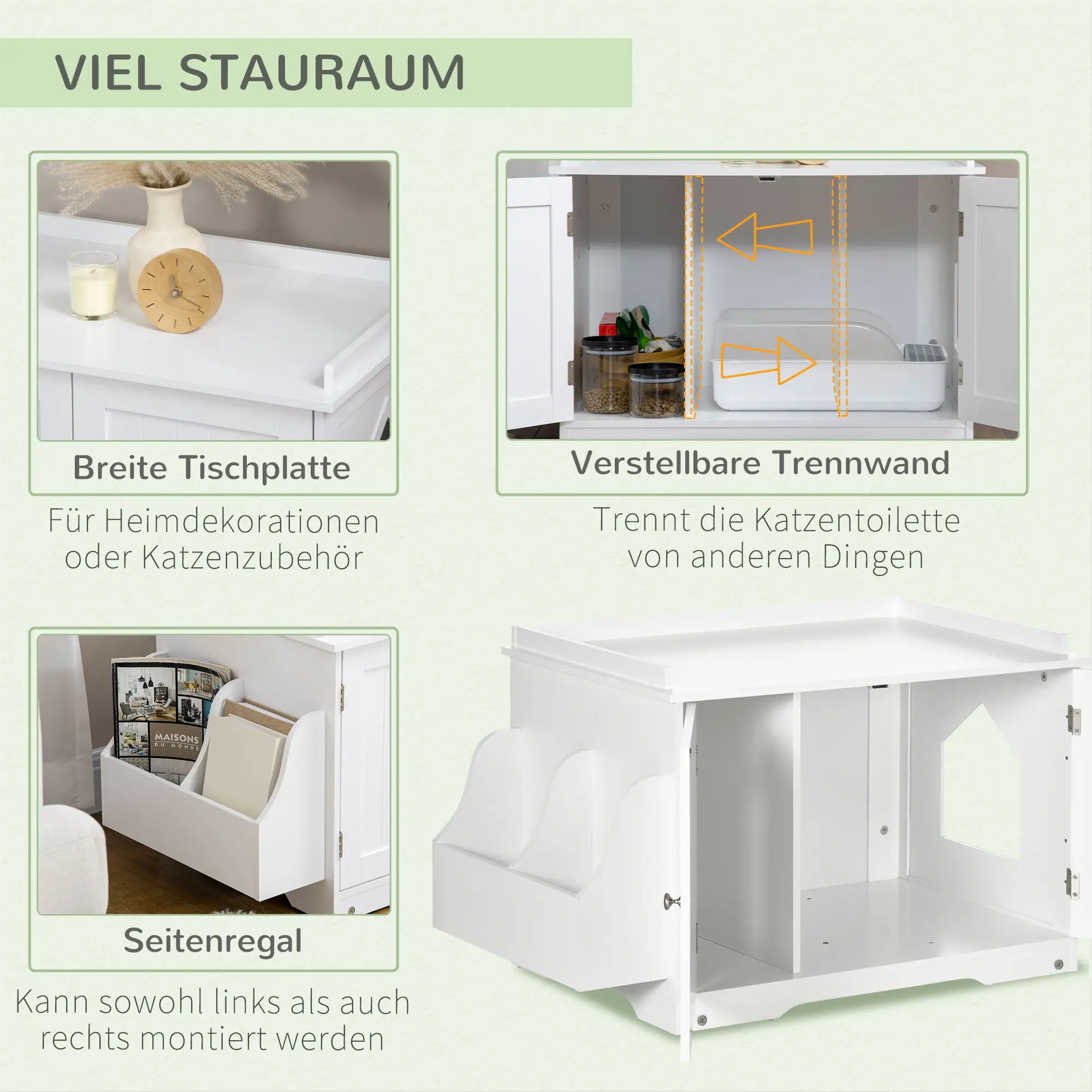 PawHut Katzentoilette, Katzenhaus, mit Trennwand, magnetischer Doppeltür, seitlicher Ablage, weiß, 86 x 48 x 52cm