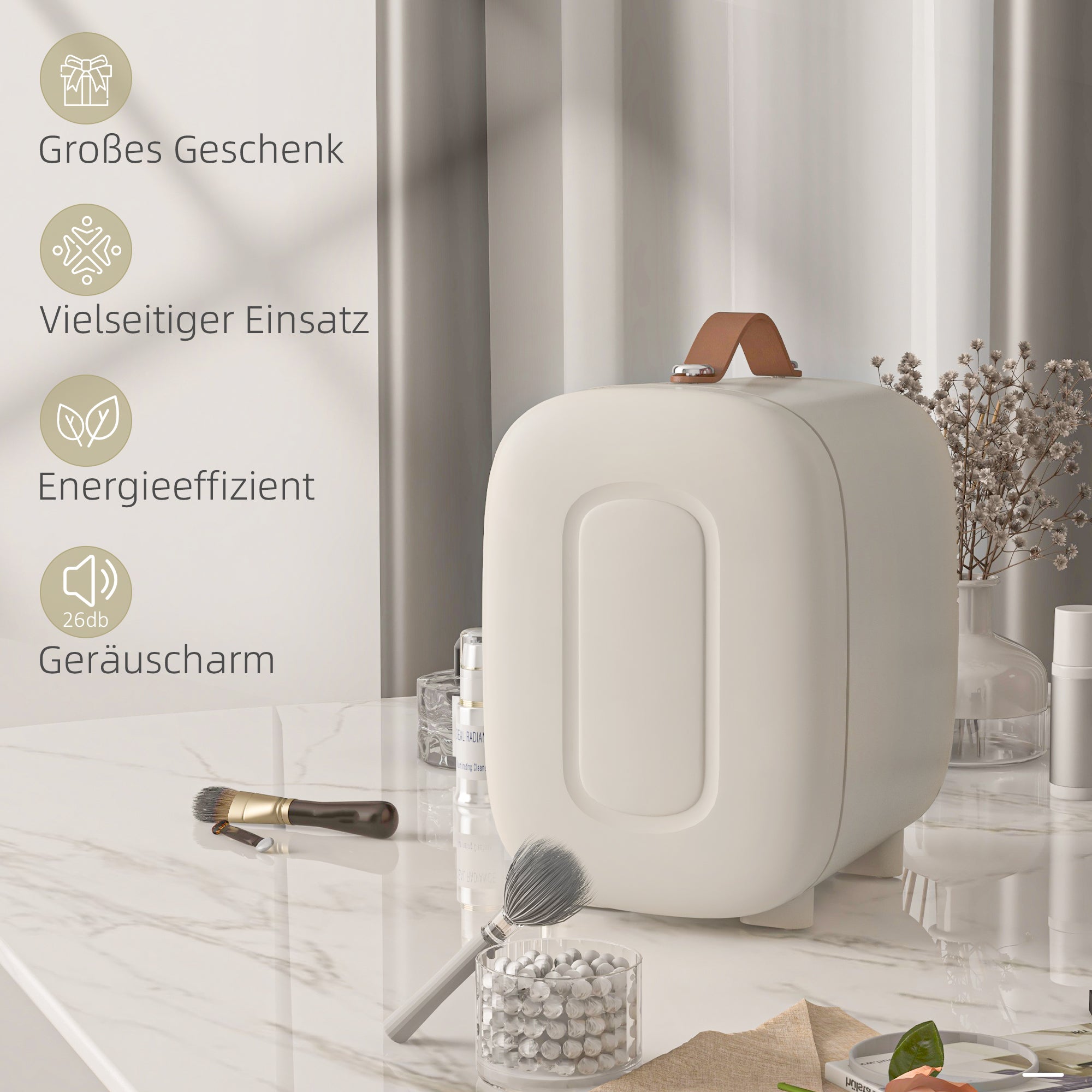 HOMCOM Mini Kühlschrank Kühlschrank Beauty Fridge, 4 L Fassungsvermögen, 20,3 x 26,3 x 28 cm, Cremeweiß
