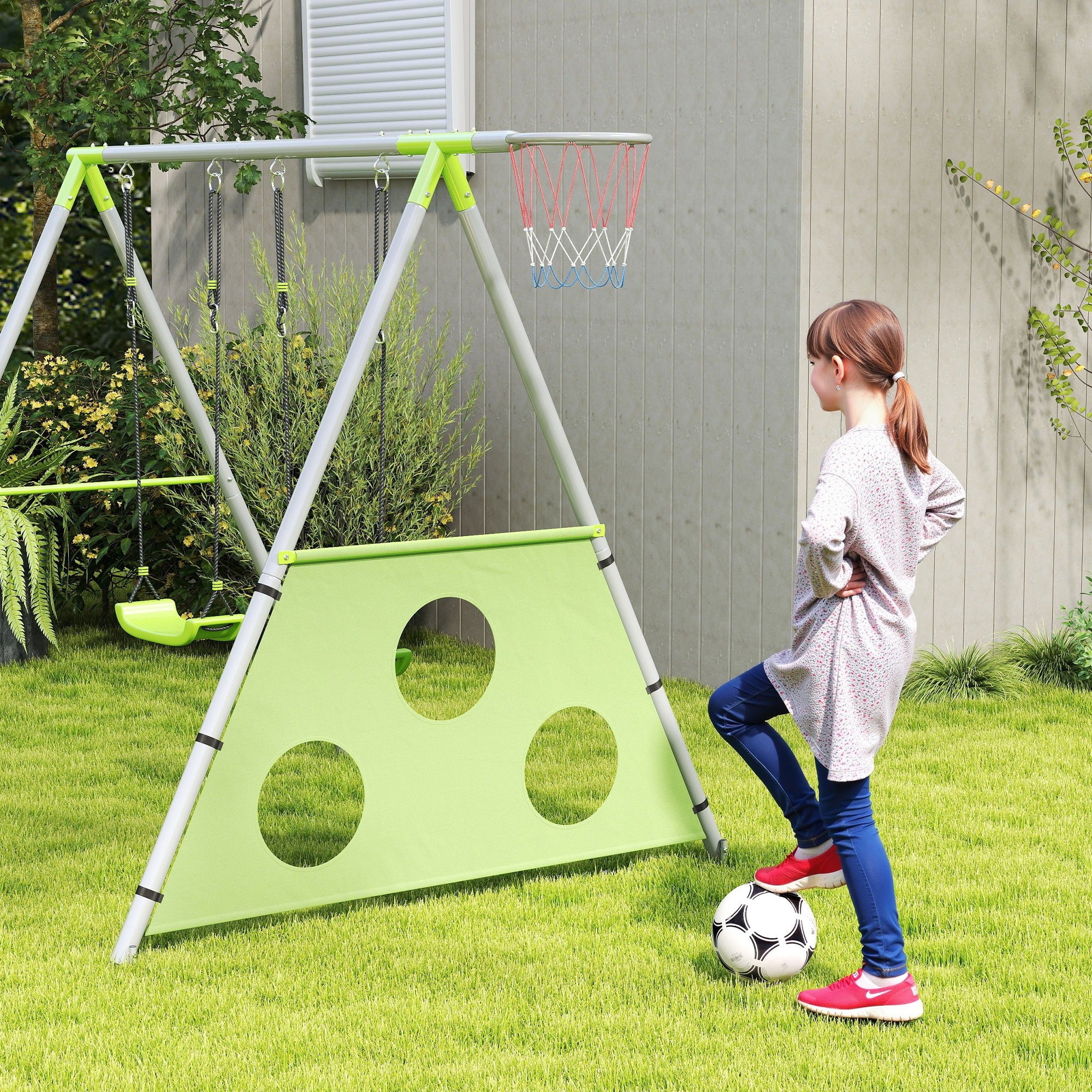 AIYAPLAY Schaukelset für Kinder, 2 Schaukelsitze, 1 Basketballkorb, 1 Fußballtor, Metallrahmen, Grün