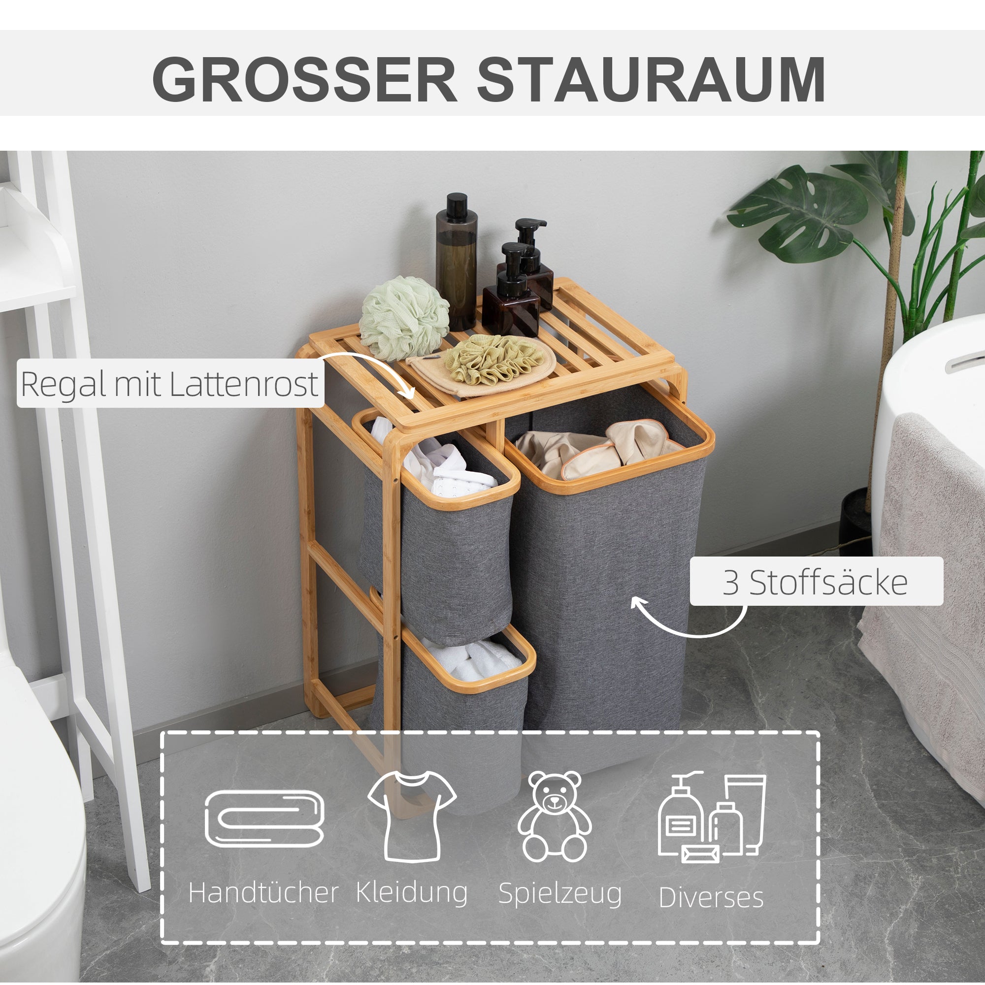 HOMCOM Wäschekorb aus Bambus , 3 abnehmbare Körbe 50 cm x 32 cm x 69,7 cm Natur Grau