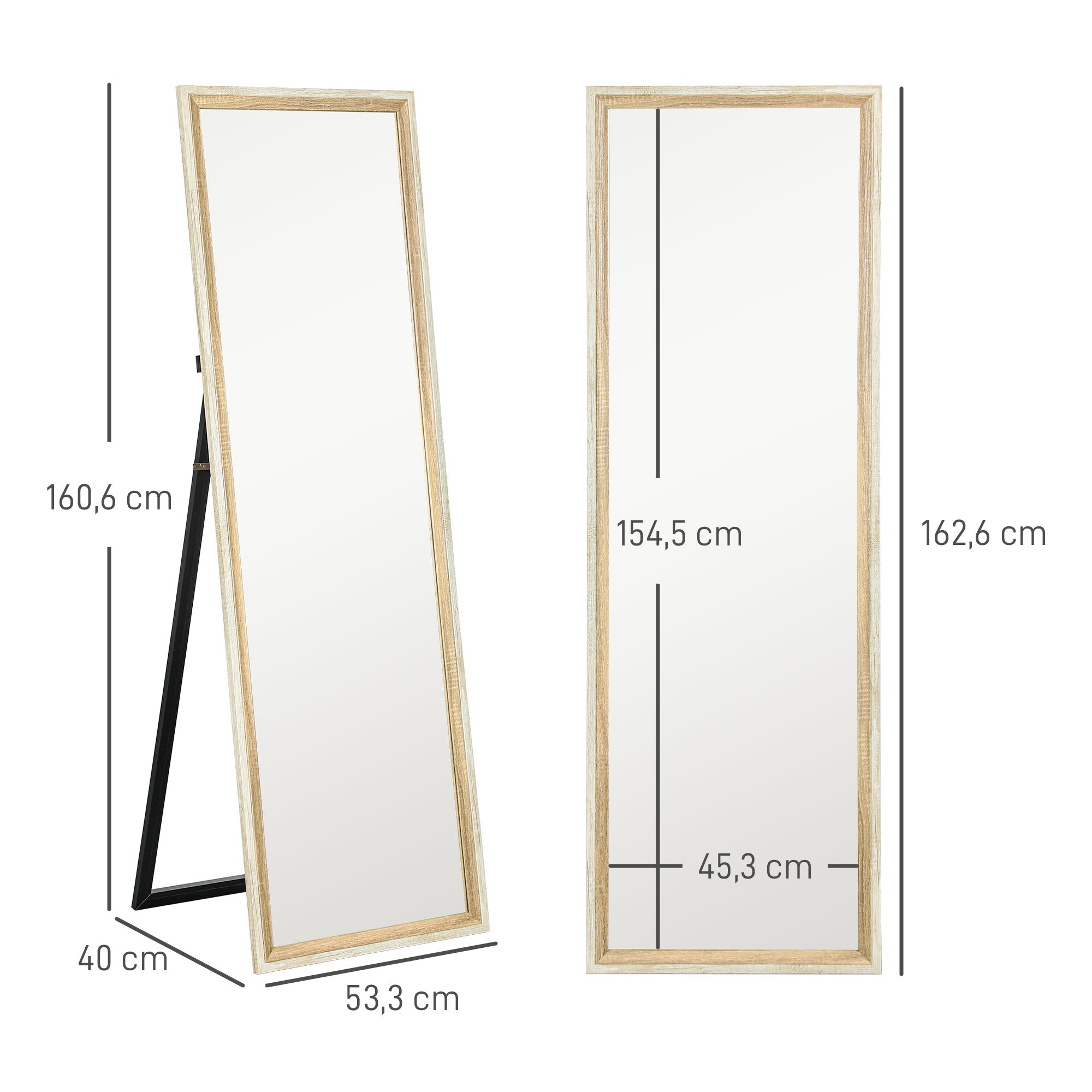 HOMCOM Ganzkörperspiegel, MDF-Rahmen, splitterfreie Folie, 162,6 x 53,3 cm, Naturholz