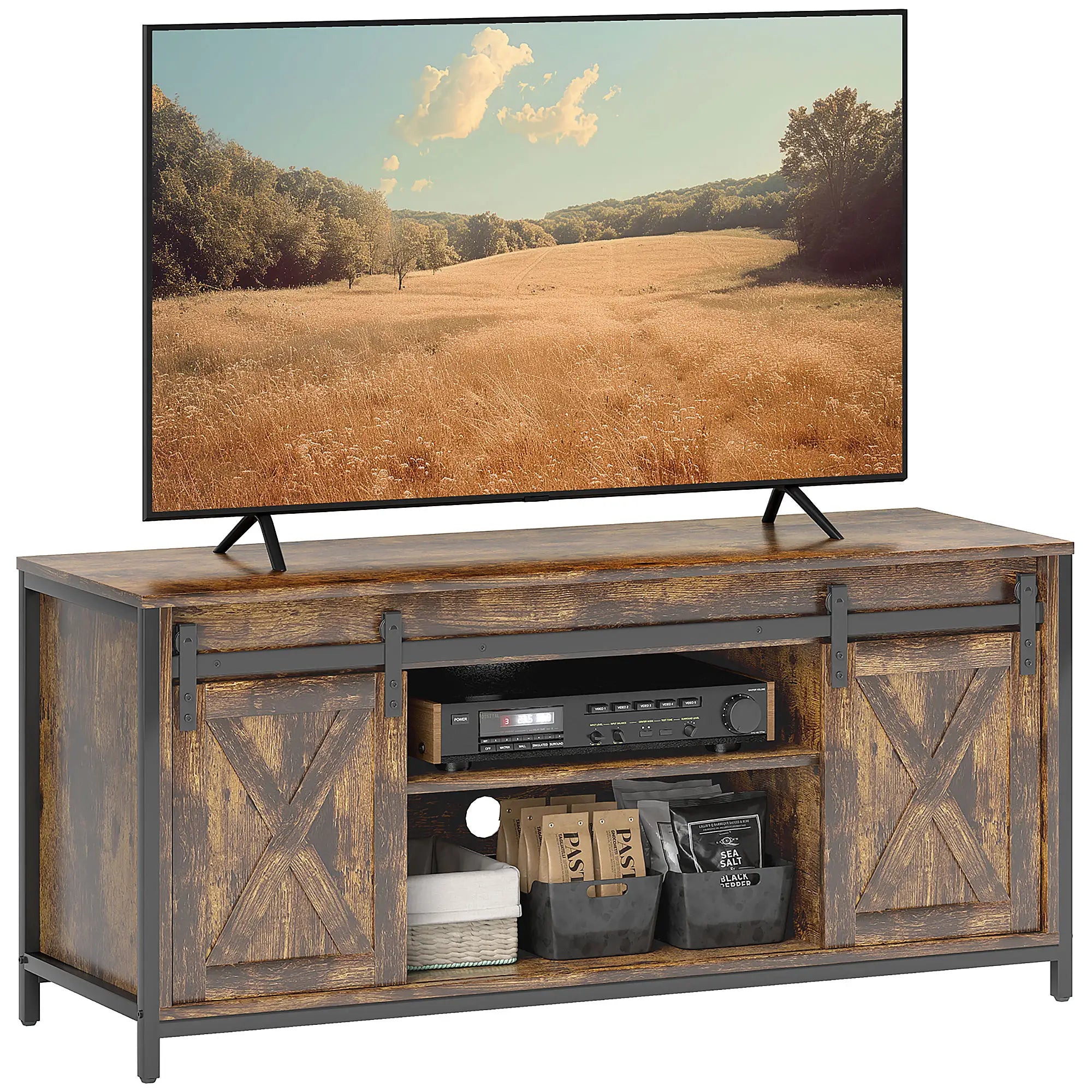 HOMCOM TV Lowboard, Industrial Design, für 60'' TVs, 6 Fächer, 2 Schiebetüren, Braun/Schwarz