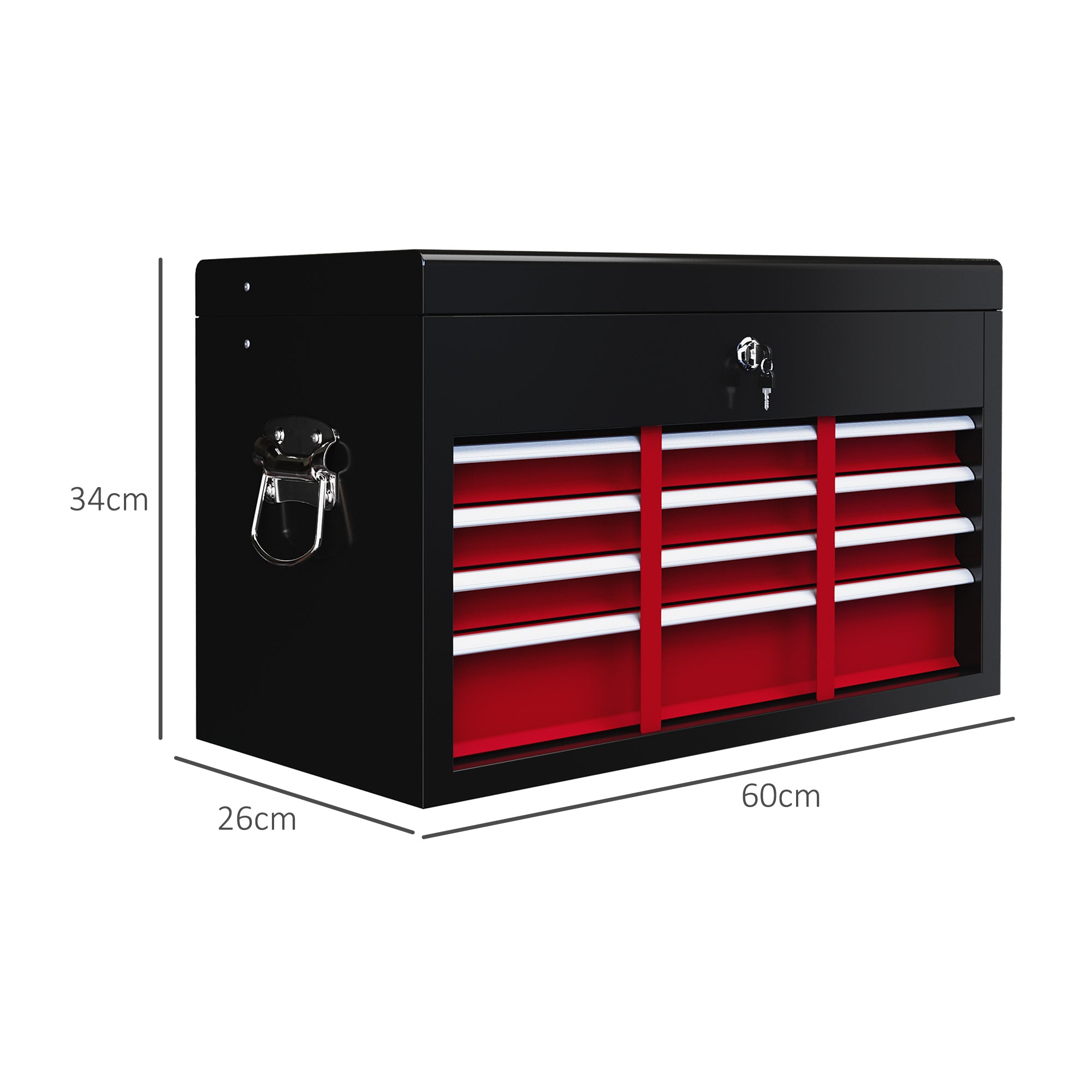 HOMCOM Werkzeugkiste, abschließbar, 3 Schubladen, Stahlgehäuse, 60x26x34cm, Rot+Schwarz