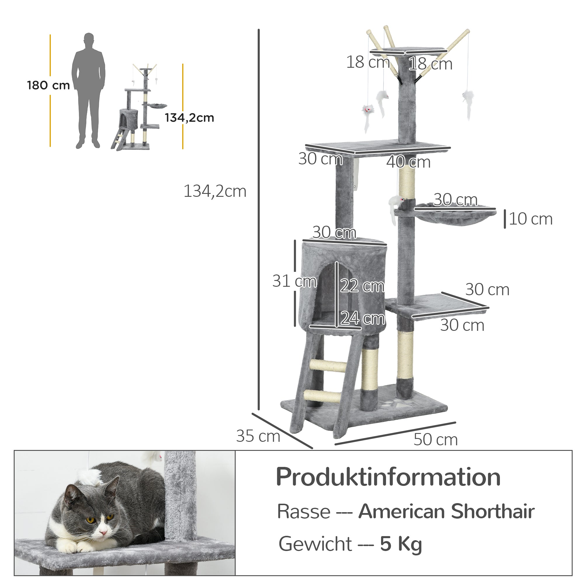PawHut Katzenbaum, Kratzbaum, Katzenkratzbaum, Treppe, Spielzeug, 50 x 35 x 134,2 cm, Grau