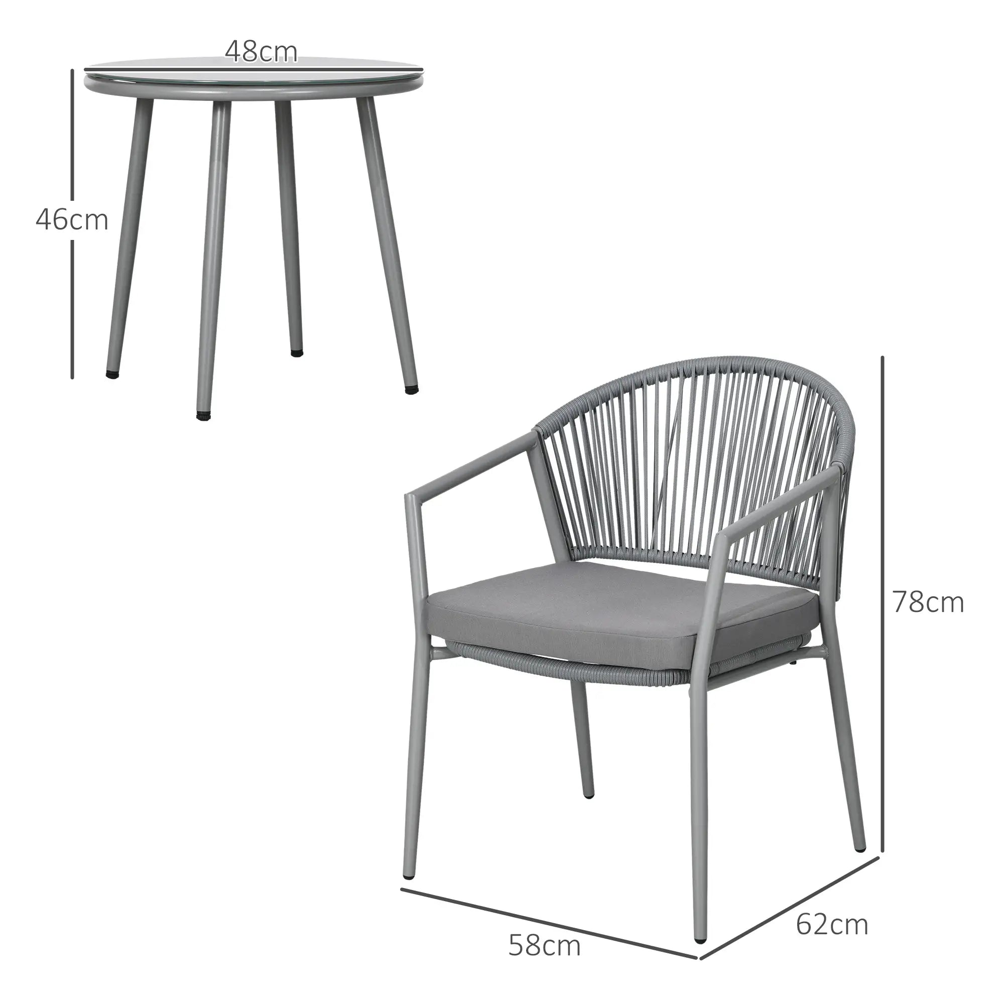 Outsunny Gartenmöbel-Set, 2 Stühle & 1 Tisch mit Glasplatte, Rattanoptik, wetterfest, Metallrahmen, Grau