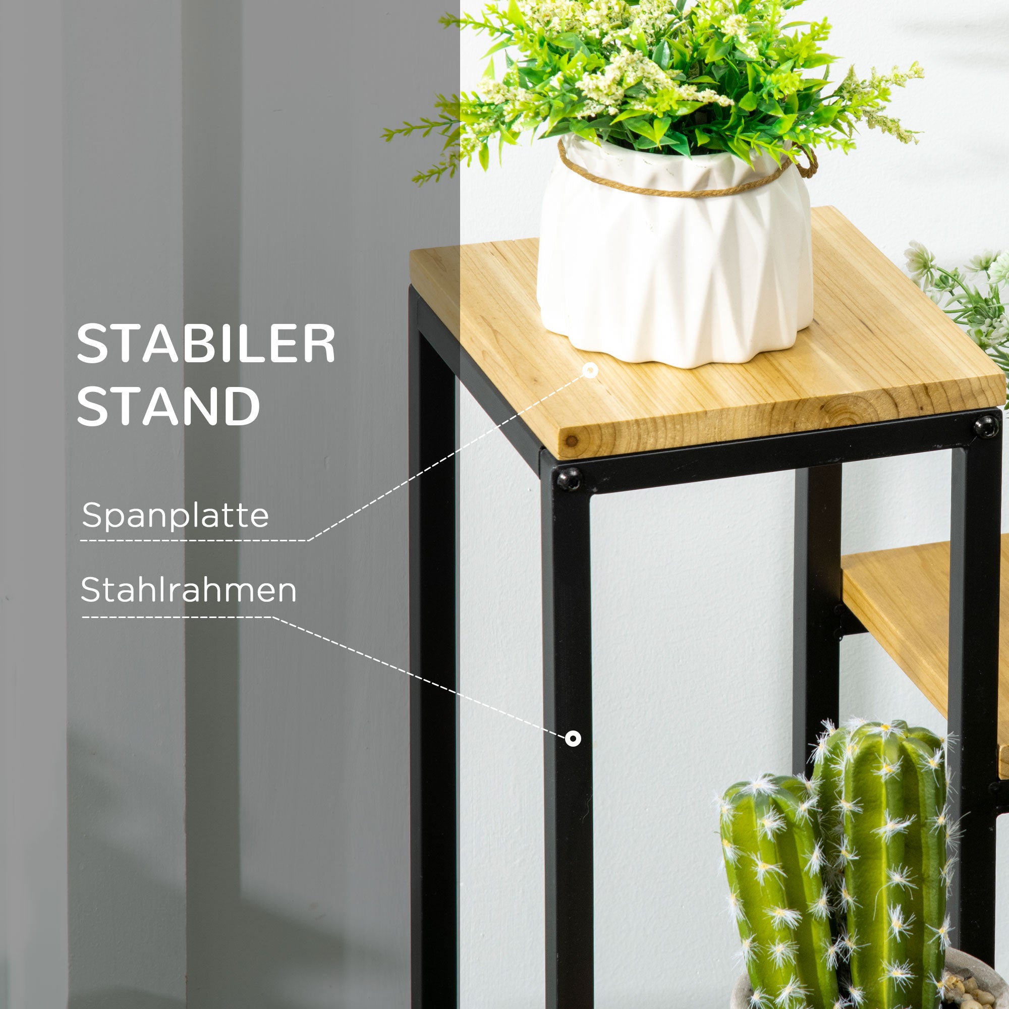 Outsunny Pflanzenständer im Industrie Design mit 4 Regalen, Blumentreppe, 34 cm x 34 cm x 66 cm, Natur + Schwarz