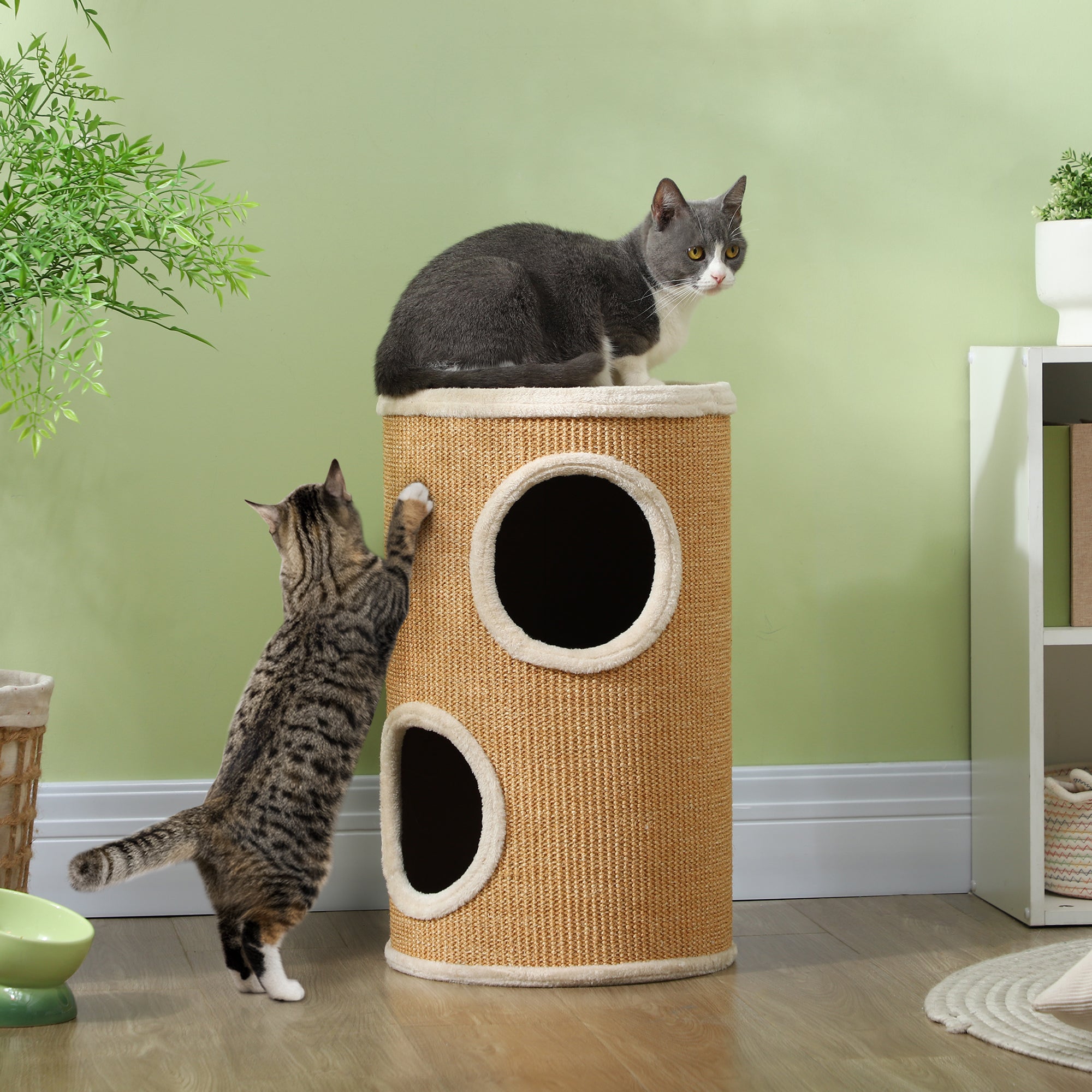 PawHut Katzenbaum mit viel Platz, Plüschbezug, Sisal-Oberfläche, Φ35 x 60H cm, Braun-Beige, 10 kg
