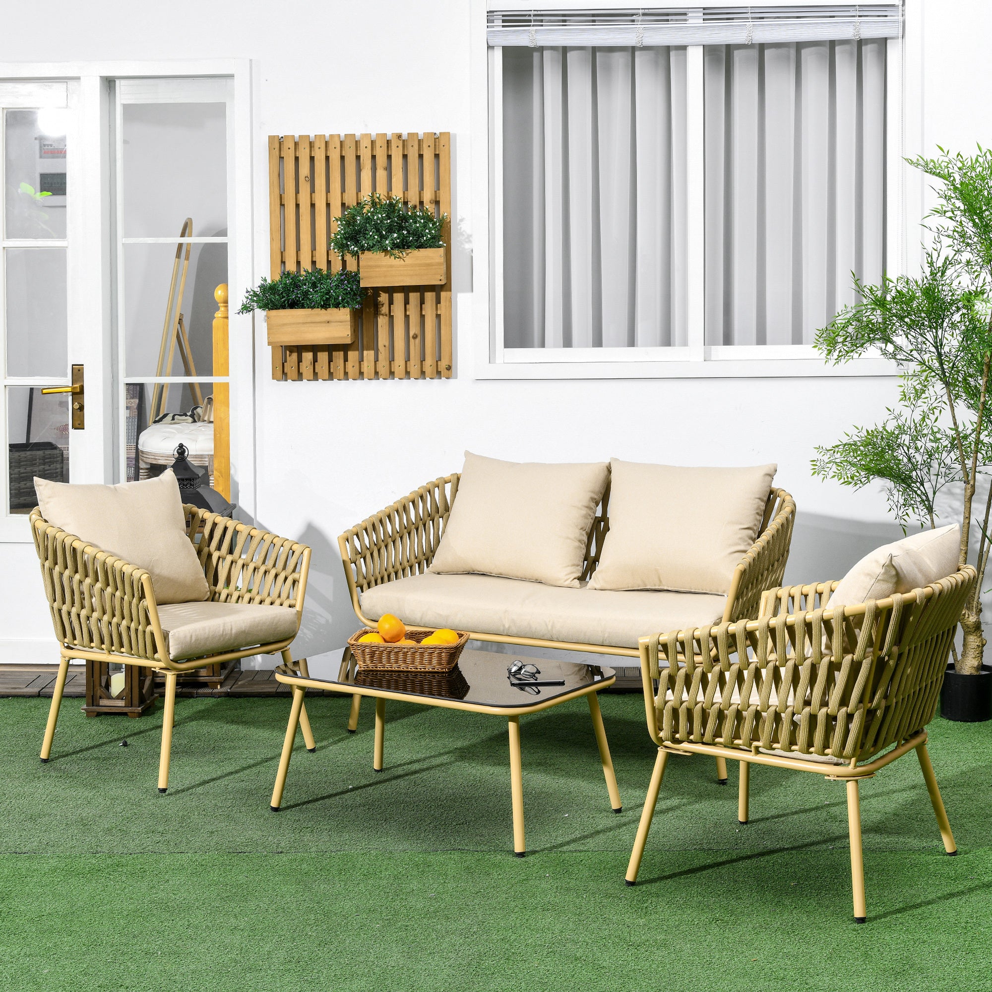 Outsunny Gartenmöbel-Set, 4-teilig, Tisch mit Glasplatte, inkl. Sitzkissen, wetterfest, Khaki