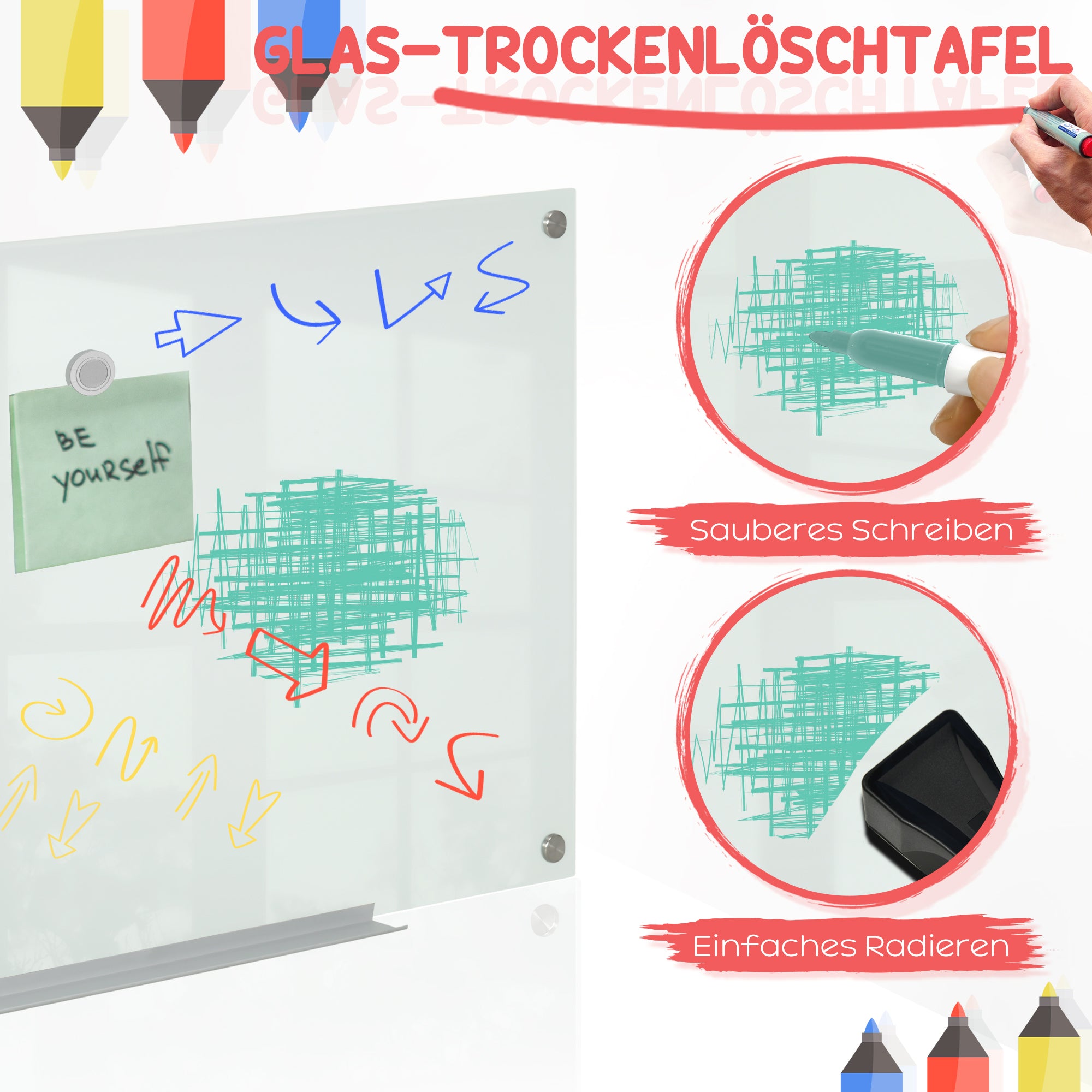 Vinsetto Glas Whiteboard, Memoboard, Whiteboard,  4 Stifte, 6 Magnete, 1 Schwamm,1 Ablage, Weiß